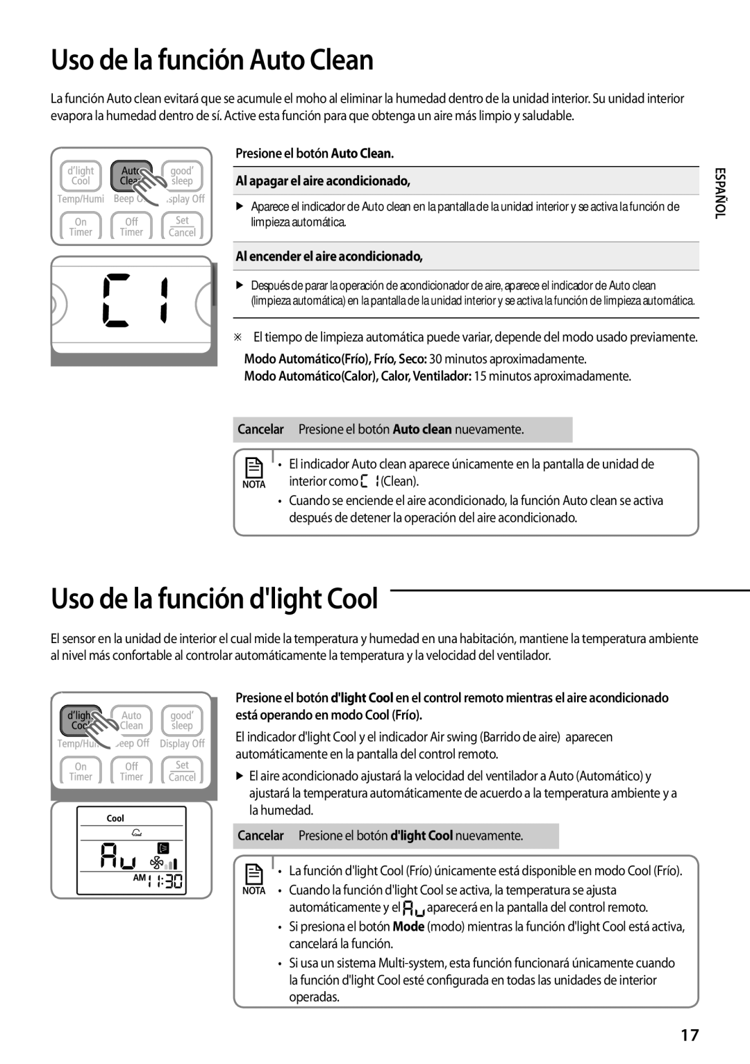 Samsung AQV18KBBX manual Uso de la función Auto Clean, Uso de la función dlight Cool, Al encender el aire acondicionado 