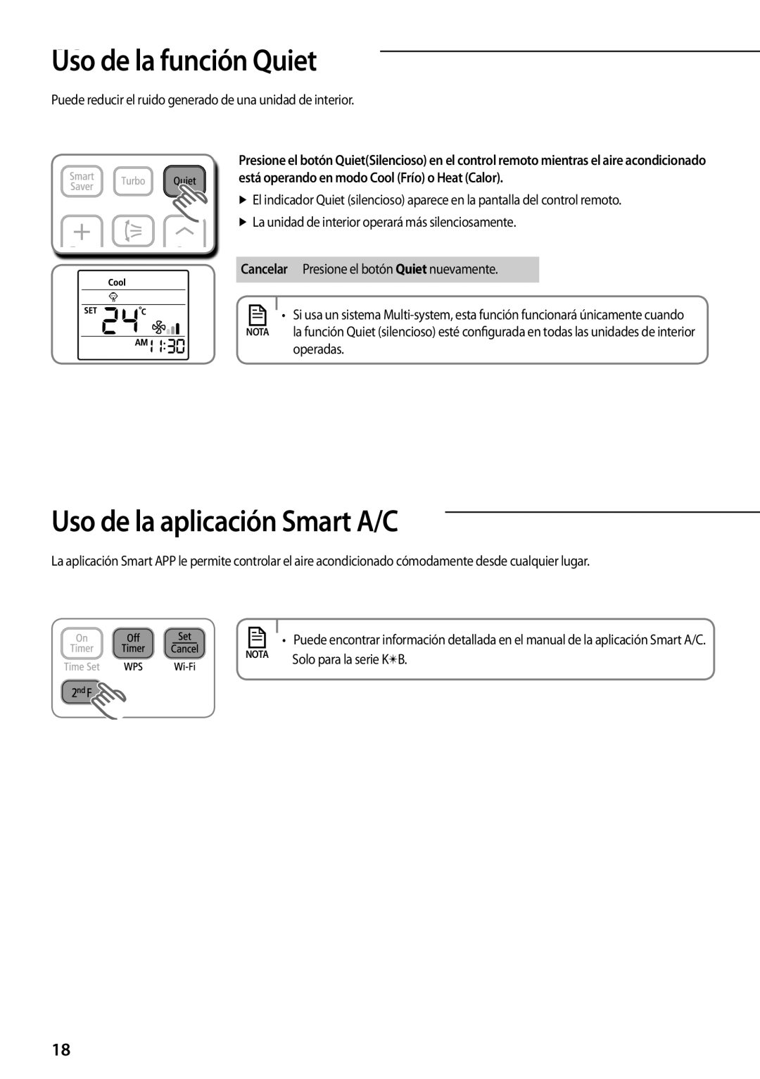 Samsung AQV09YWAX, AQV12KBBX, AQV12KBBN, AQV09KBBN manual UsoAA de la función Quiet, Uso de la aplicación Smart A/C, Operadas 