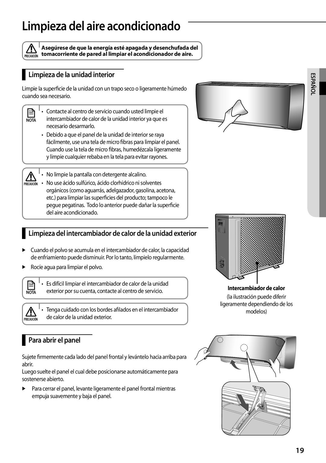 Samsung AQV09YWAN, AQV12KBBX, AQV12KBBN manual Limpieza de la unidad interior, Para abrir el panel, Intercambiador de calor 