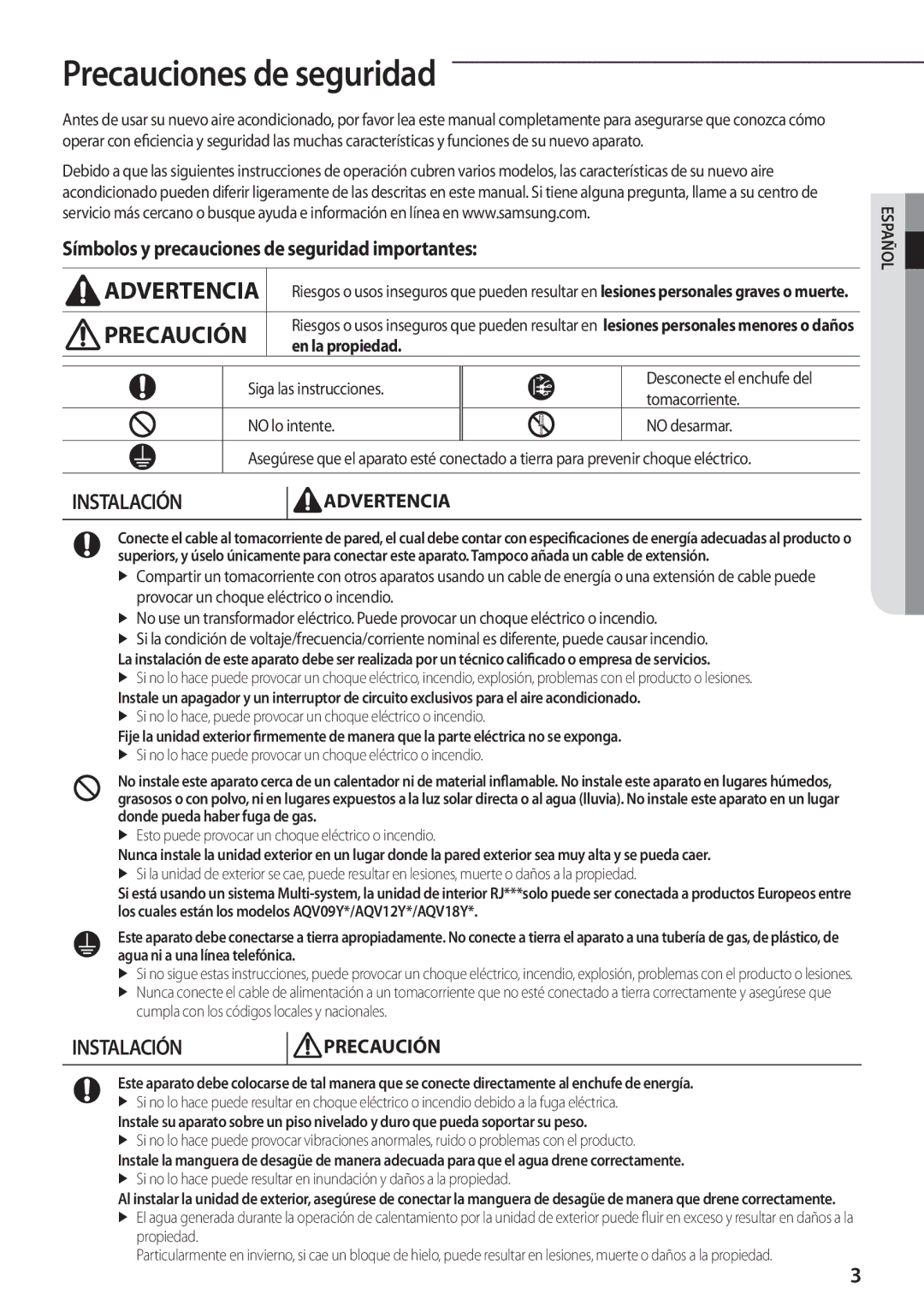 Samsung AQV12YWAN, AQV12KBBX Precauciones de seguridad, Símbolos y precauciones de seguridad importantes, En la propiedad 