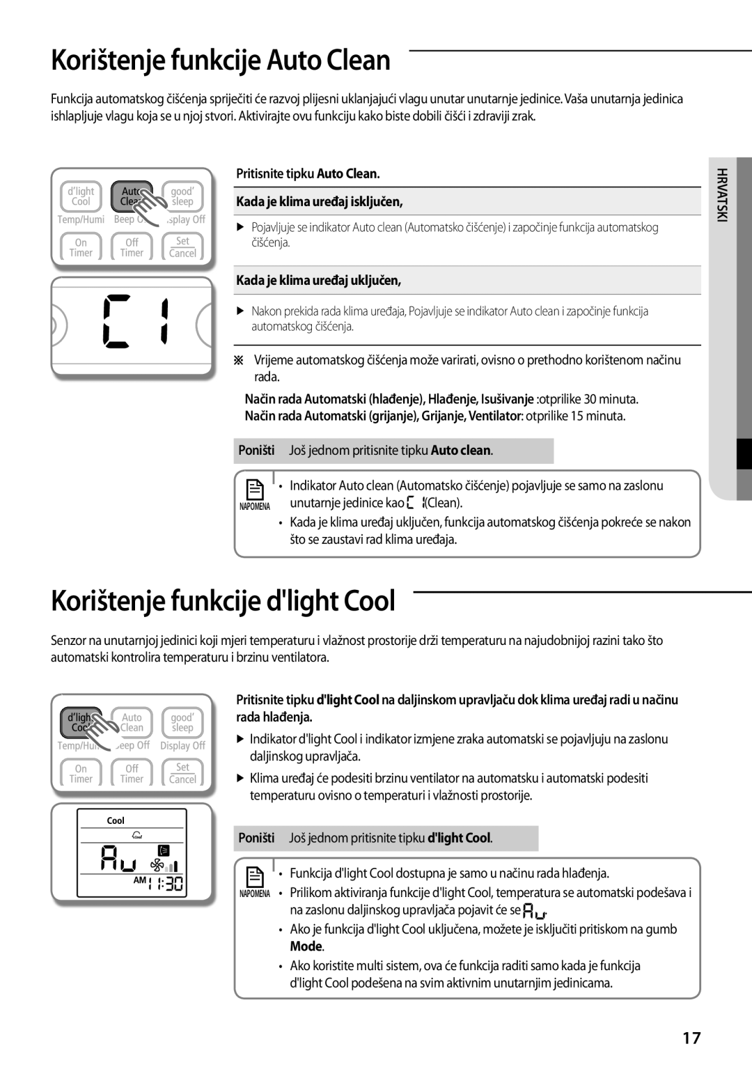 Samsung AQV18KBBX manual Korištenje funkcije Auto Clean, Korištenje funkcije dlight Cool, Kada je klima uređaj uključen 