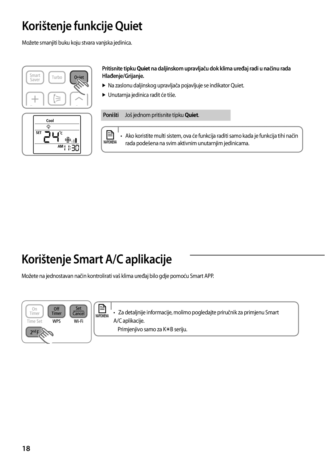 Samsung AQV09YWAX, AQV12KBBX, AQV12KBBN, AQV09KBBN Korištenje funkcije Quiet, Korištenje Smart A/C aplikacije, Aplikacije 