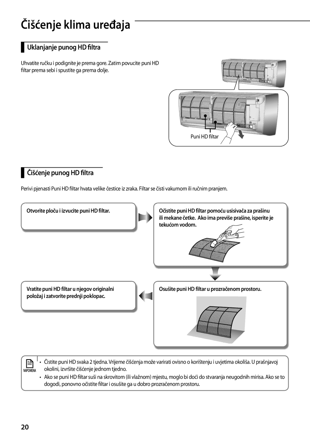 Samsung AQV18YWAX, AQV12KBBX, AQV12KBBN manual ČišćenjeAA klima uređaja, Uklanjanje punog HD filtra, Čišćenje punog HD filtra 