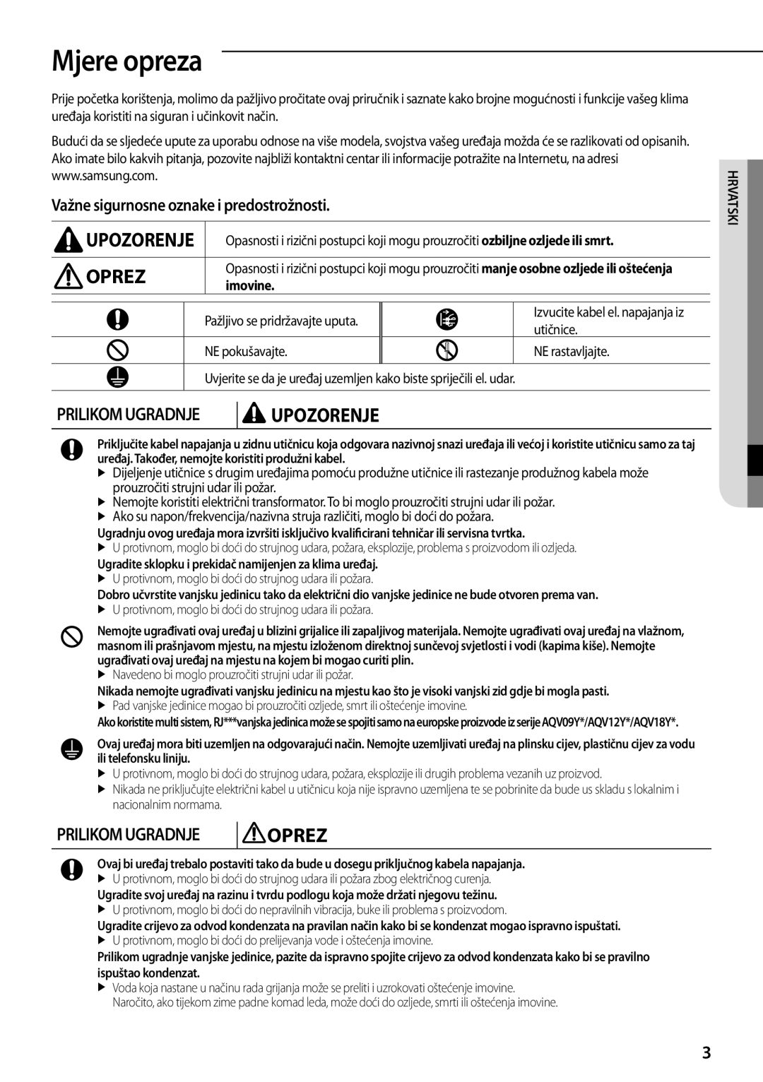 Samsung AQV12YWAN, AQV12KBBX, AQV12KBBN manual Mjere opreza, Važne sigurnosne oznake i predostrožnosti, Imovine, Utičnice 