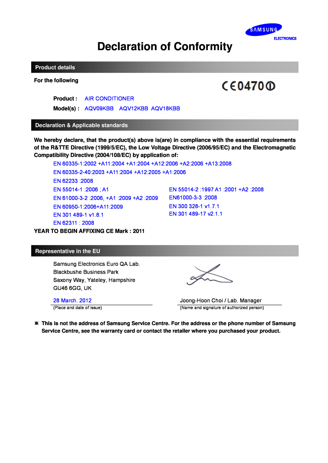 Samsung AQV12KBBN manual Declaration of Conformity, Product details, For the following, Declaration & Applicable standards 