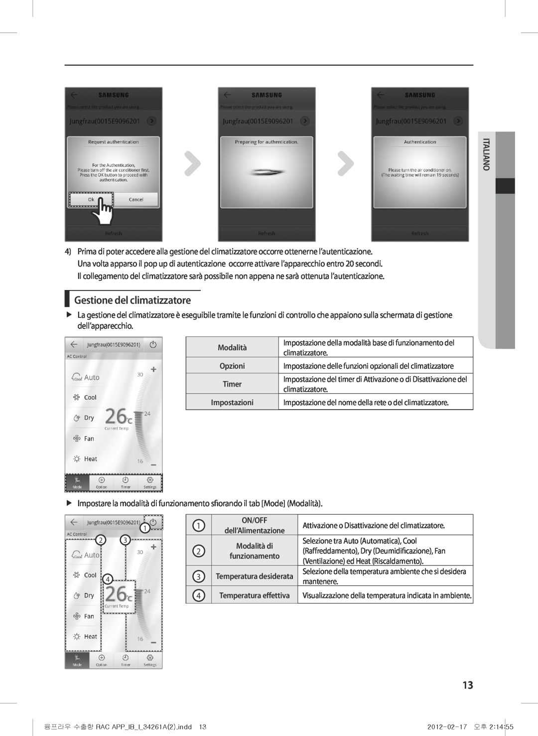 Samsung AQV12KBBX manual Gestione del climatizzatore, Italiano, Impostazione delle funzioni opzionali del climatizzatore 