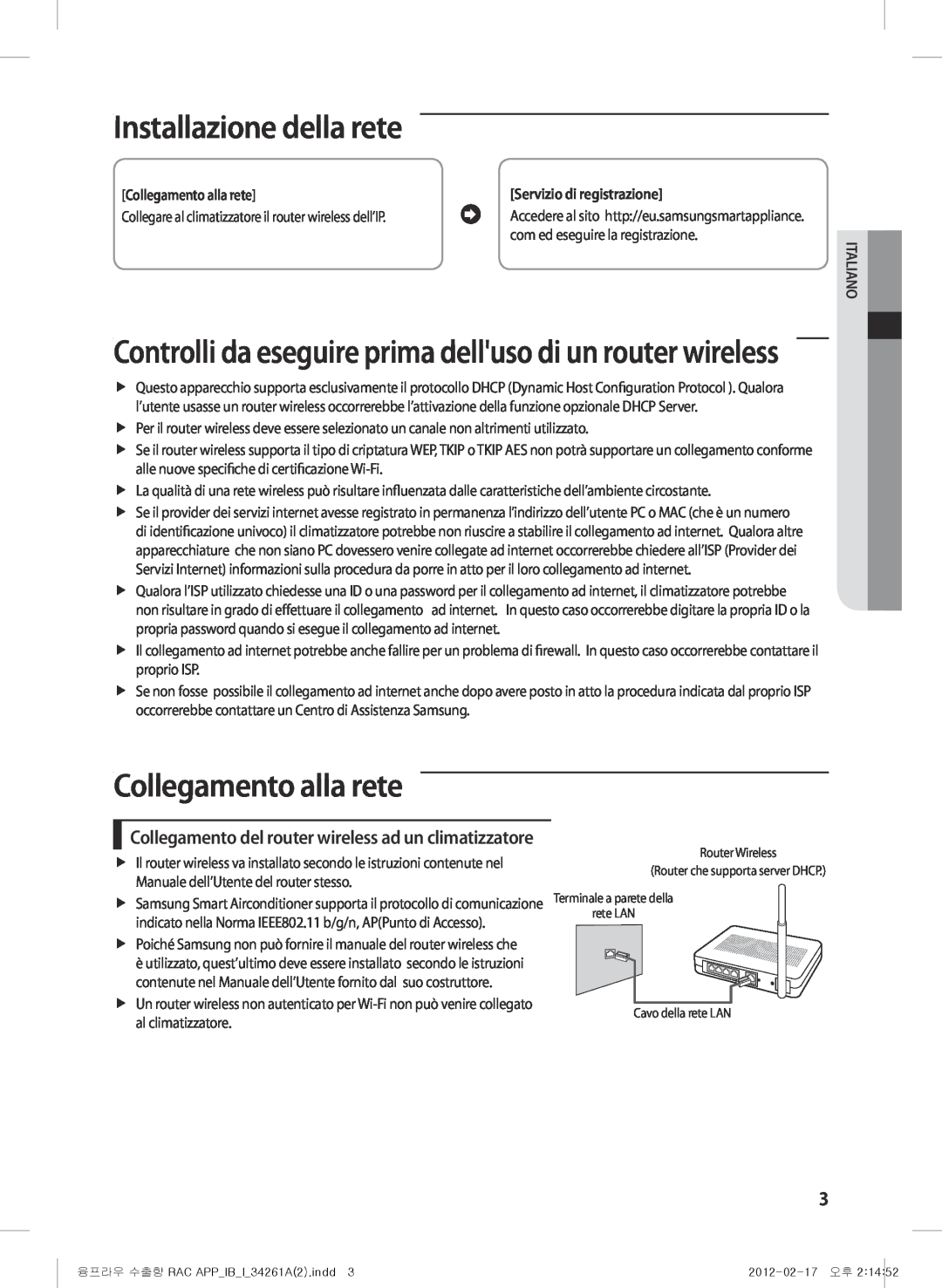 Samsung AQV09KBBN, AQV12KBBX manual Collegamento alla rete, Installazione della rete, Servizio di registrazione, Italiano 