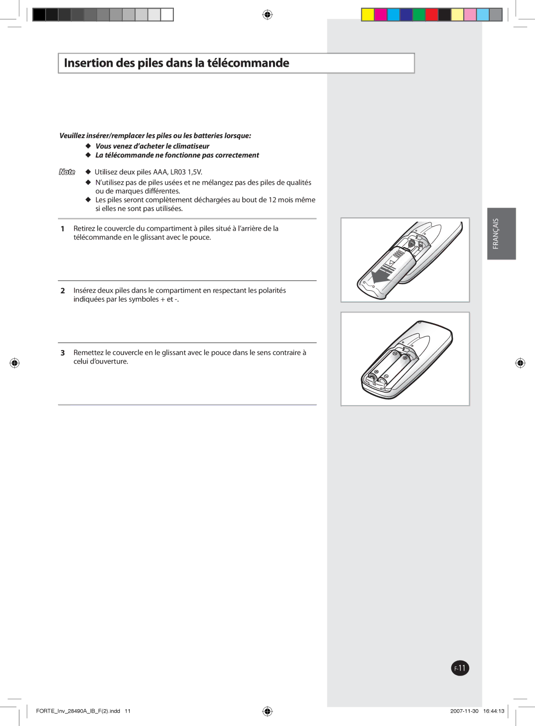 Samsung AQV24FAX, AQV12NSBX, AQV09NSBX, AQV24NSAX, AQV18FAX, AQV12NSBN, AQV12FCN manual Insertion des piles dans la télécommande 