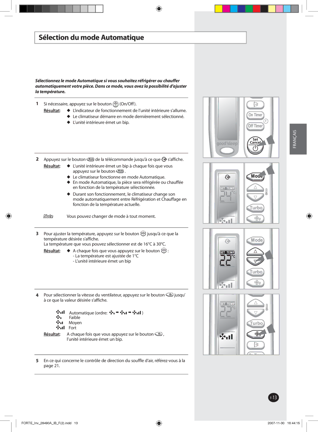 Samsung AQV09FCX, AQV12NSBX, AQV09NSBX Sélection du mode Automatique, ’unité intérieure émet un bip à chaque fois que vous 