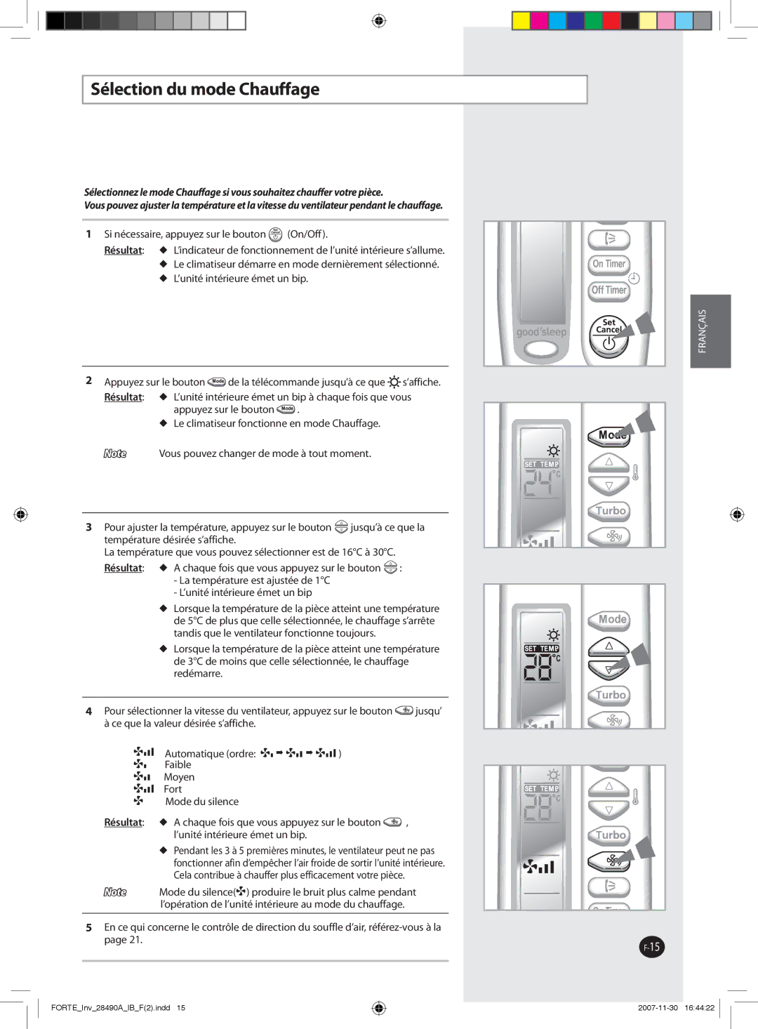 Samsung AQV12NSBX, AQV09NSBX, AQV24NSAX, AQV18FAX, AQV12NSBN, AQV12FCN, AQV18NSAN, AQV09NSBN manual Sélection du mode Chauffage 