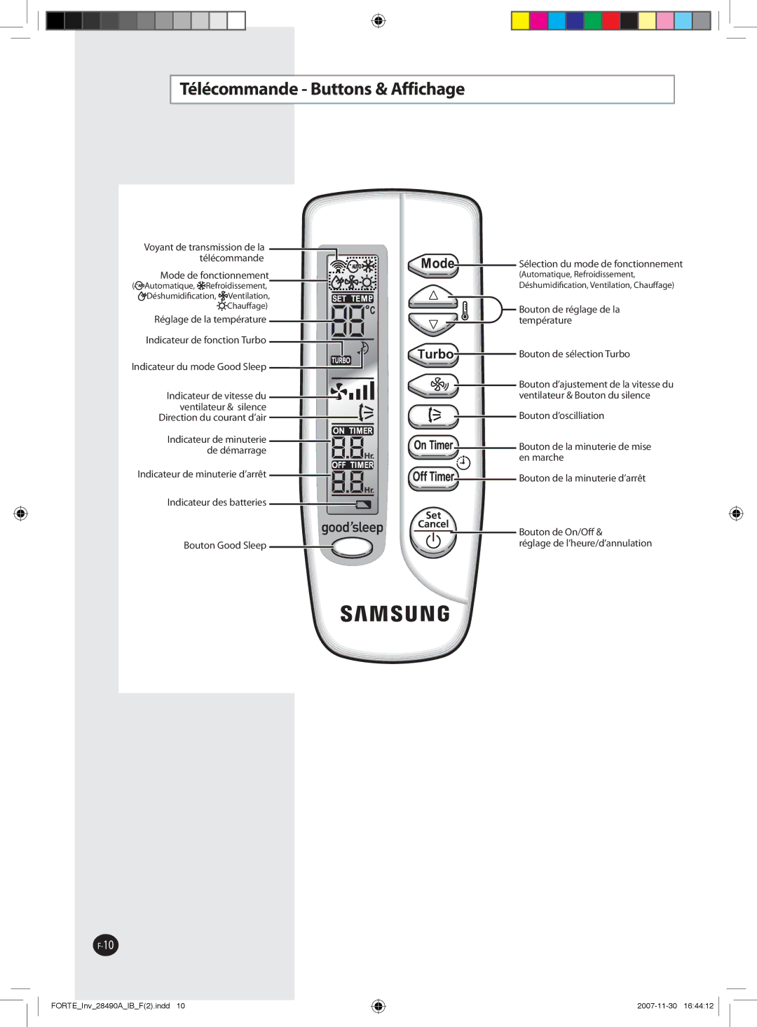 Samsung AQV24NSAN, AQV12NSBX, AQV09NSBX Télécommande Buttons & Affichage, Mode de fonctionnement, Réglage de la température 