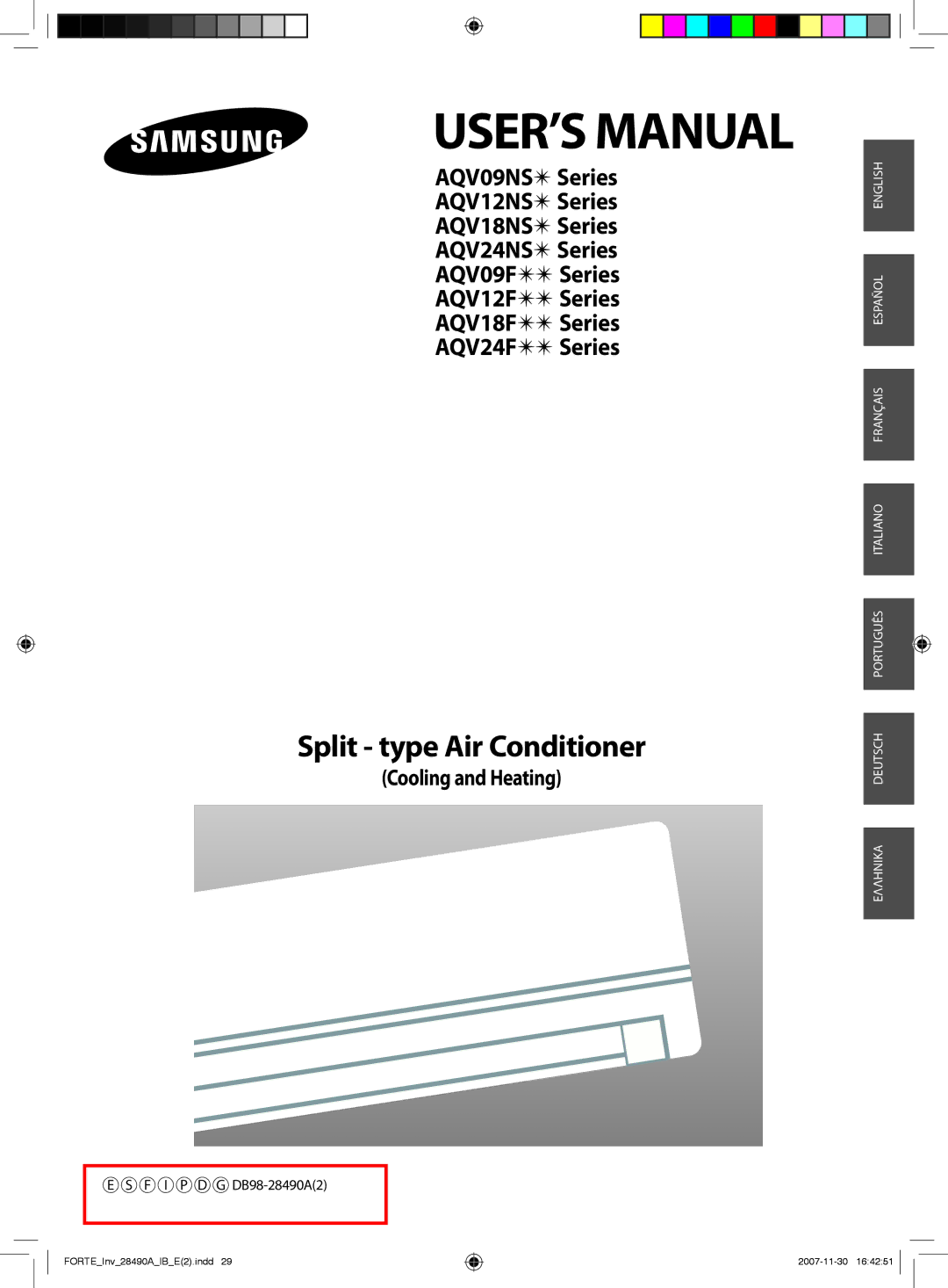 Samsung AQV09NSBX, AQV12NSBX manual USER’S Manual, Split type Air Conditioner, Cooling and Heating, F I P D G DB98-28490A2 