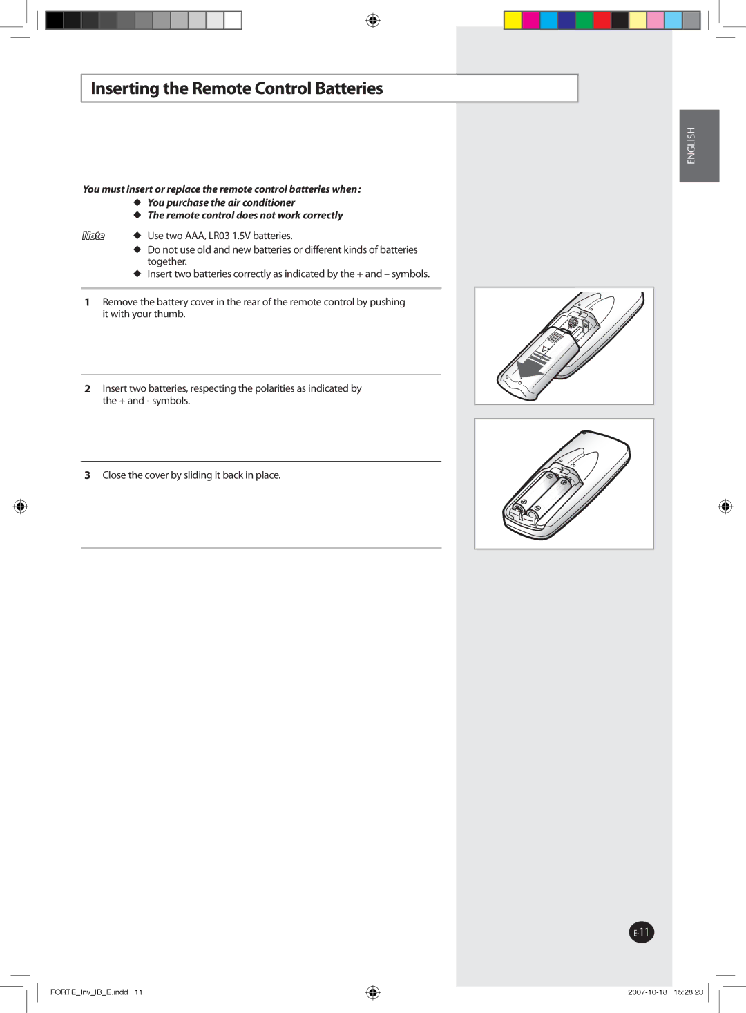 Samsung AQV24FAX, AQV12NSBX, AQV09NSBX, AQV24NSAX, AQV18FAX, AQV12NSBN, AQV12FCN manual Inserting the Remote Control Batteries 