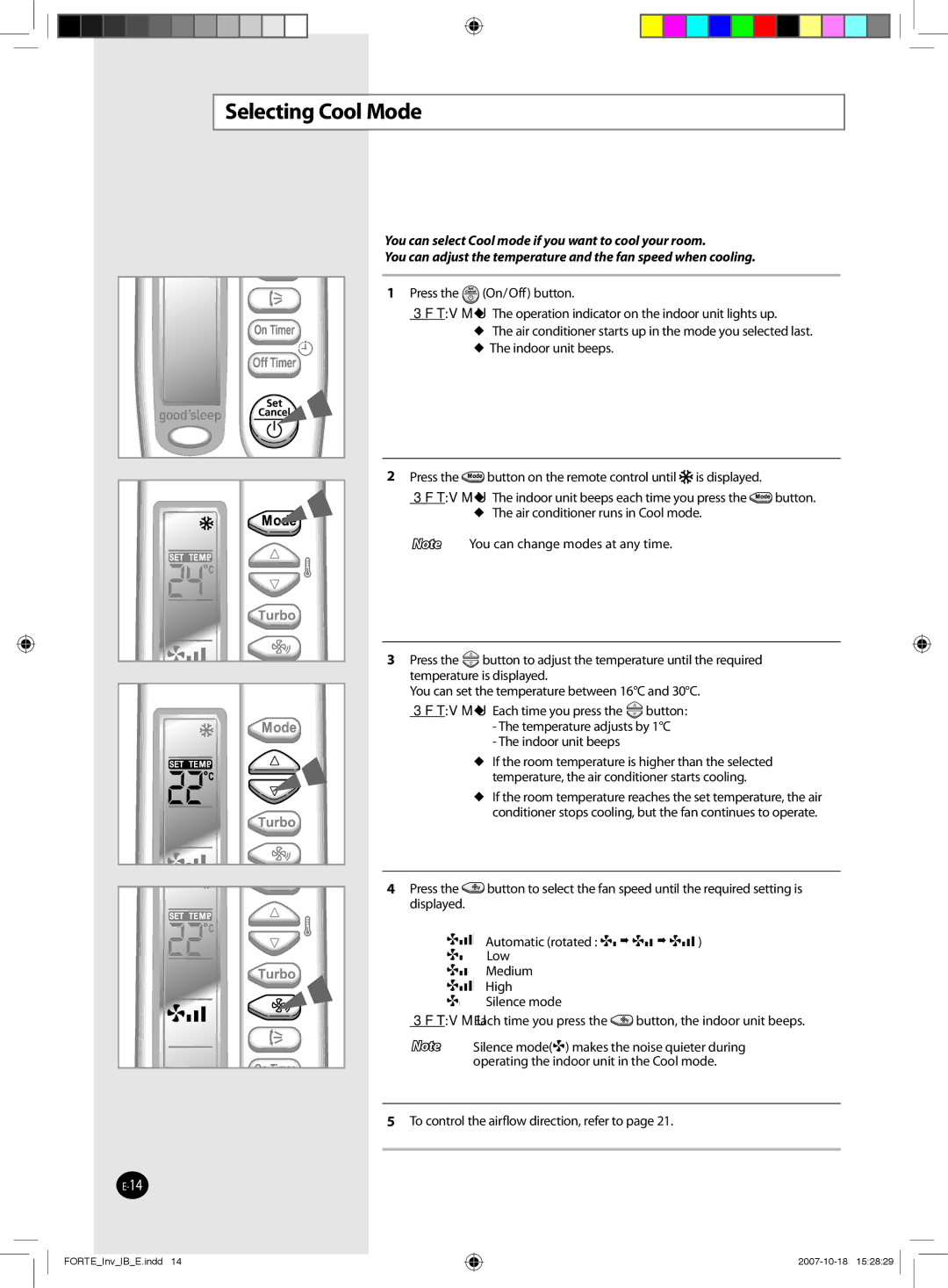 Samsung AQV18NSAX, AQV12NSBX, AQV09NSBX, AQV24NSAX, AQV18FAX, AQV12NSBN, AQV12FCN, AQV18NSAN, AQV09NSBN manual Selecting Cool Mode 