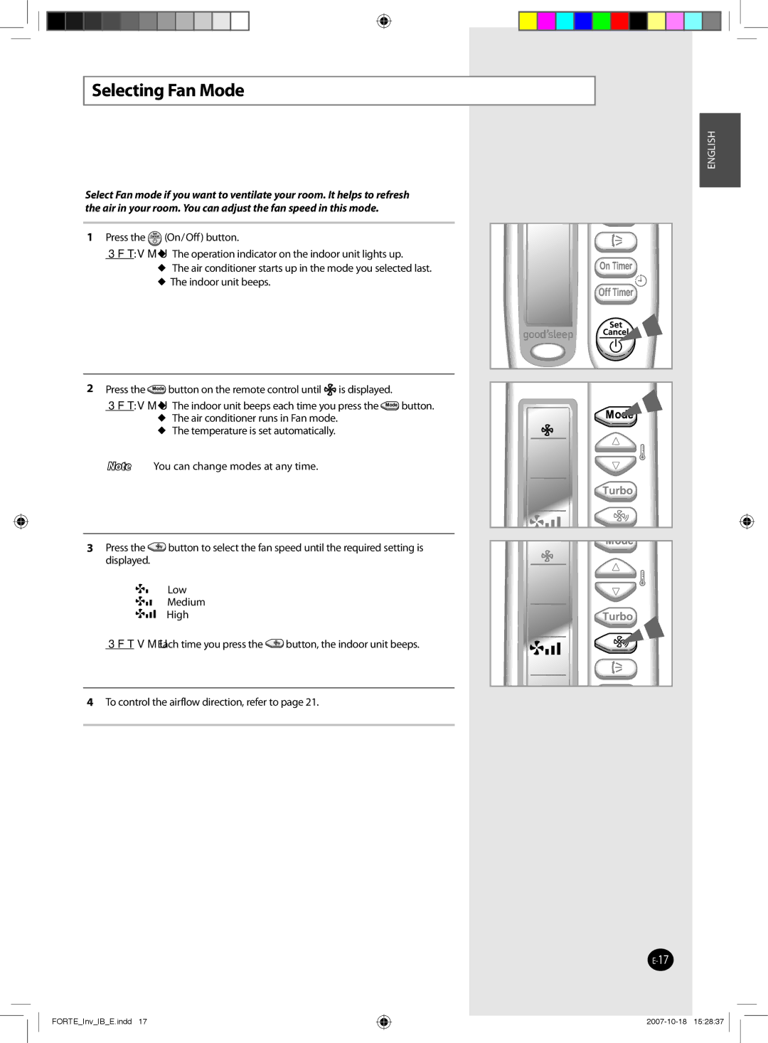 Samsung AQV24NSAX, AQV12NSBX, AQV09NSBX, AQV18FAX, AQV12NSBN, AQV12FCN, AQV18NSAN, AQV09NSBN, AQV09FCN manual Selecting Fan Mode 