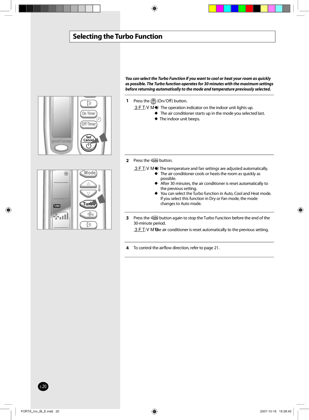 Samsung AQV12FCN, AQV12NSBX, AQV09NSBX, AQV24NSAX, AQV18FAX, AQV12NSBN, AQV18NSAN, AQV09NSBN manual Selecting the Turbo Function 