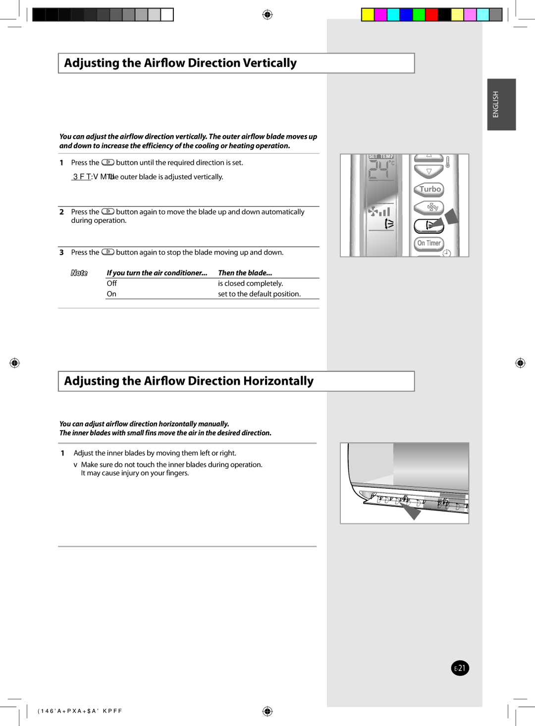 Samsung AQV18NSAN, AQV12NSBX manual Adjusting the Airﬂow Direction Vertically, Adjusting the Airﬂow Direction Horizontally 