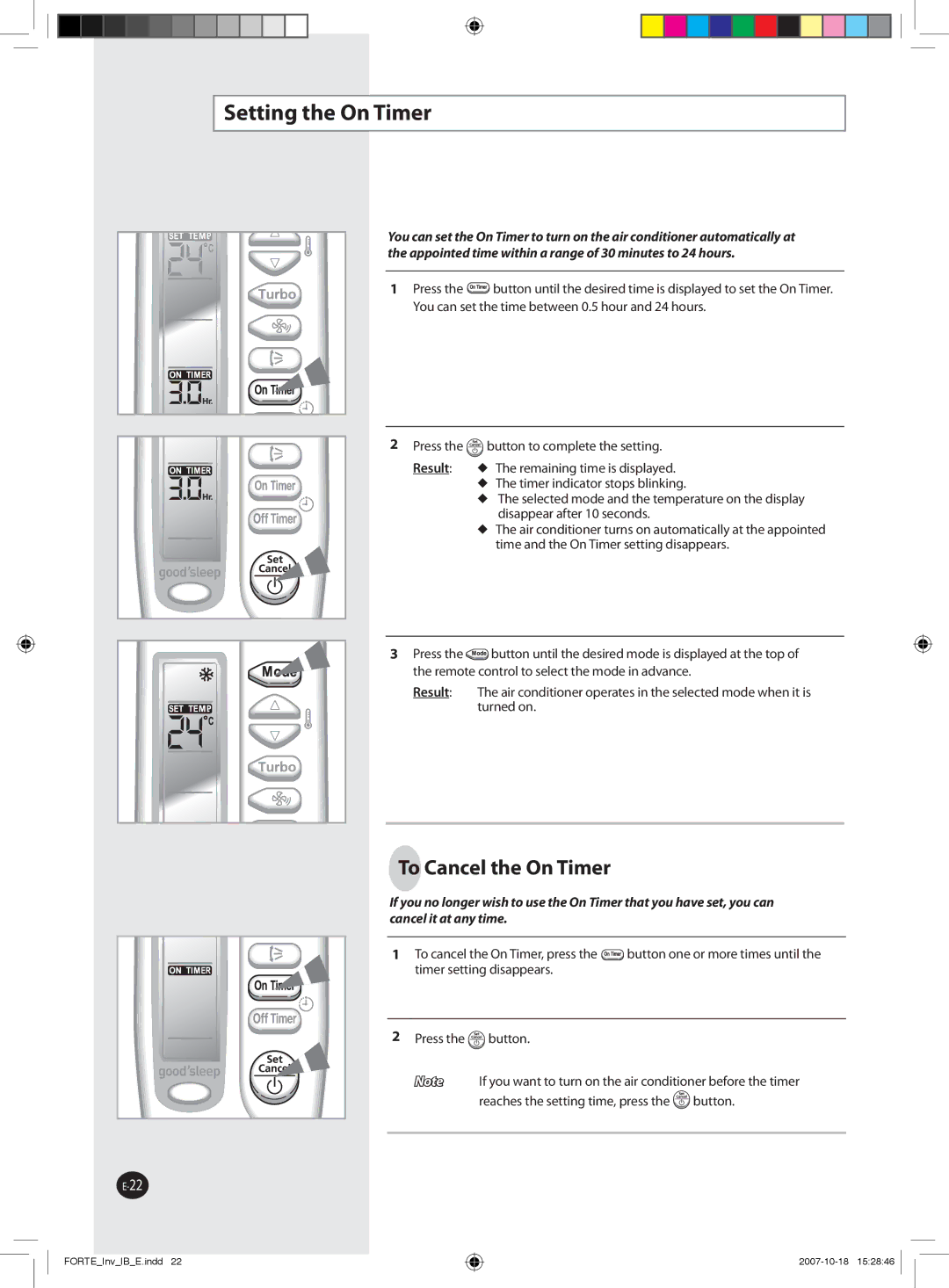 Samsung AQV09NSBN, AQV12NSBX, AQV09NSBX, AQV24NSAX, AQV18FAX, AQV12NSBN, AQV12FCN Setting the On Timer, To Cancel the On Timer 