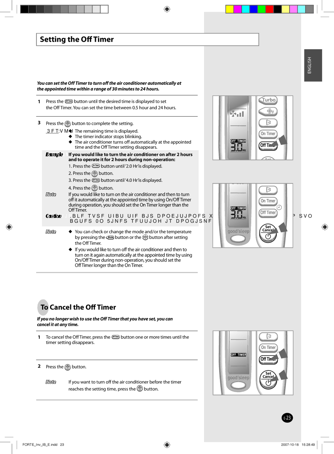 Samsung AQV09FCN, AQV12NSBX, AQV09NSBX, AQV24NSAX, AQV18FAX, AQV12NSBN, AQV12FCN Setting the Oﬀ Timer, To Cancel the Oﬀ Timer 