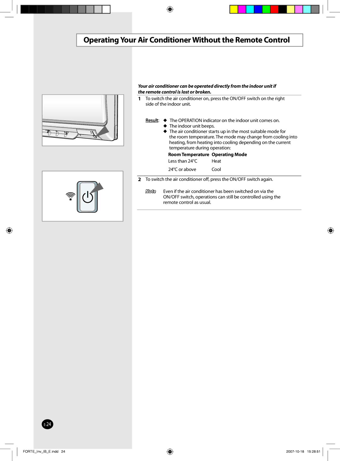 Samsung AQV24NSAN, AQV12NSBX Operating Your Air Conditioner Without the Remote Control, Room Temperature Operating Mode 