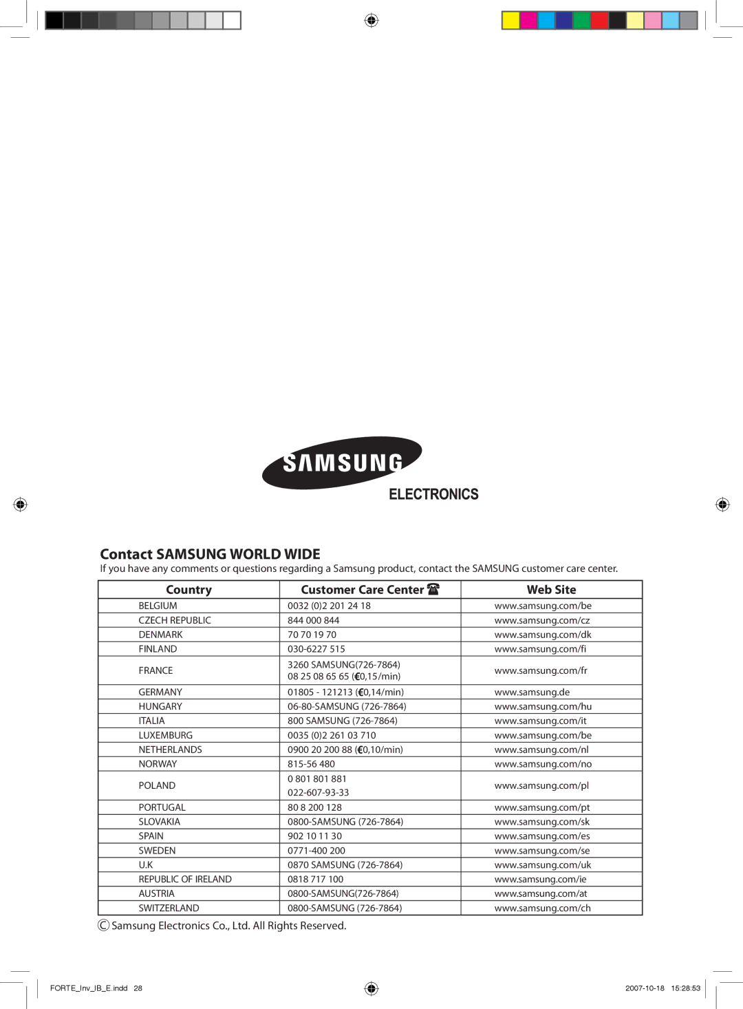 Samsung AQV18NSAX, AQV12NSBX, AQV09NSBX, AQV24NSAX, AQV18FAX, AQV12NSBN, AQV12FCN, AQV18NSAN, AQV09FCN Contact Samsung World Wide 