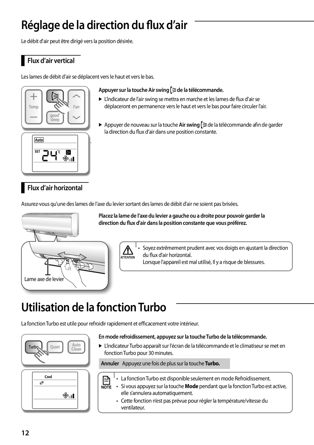 Samsung AQV12PSBX, AQV18PMBX Réglage de la direction du flux d’air, Utilisation de la fonction Turbo, Flux d’air vertical 