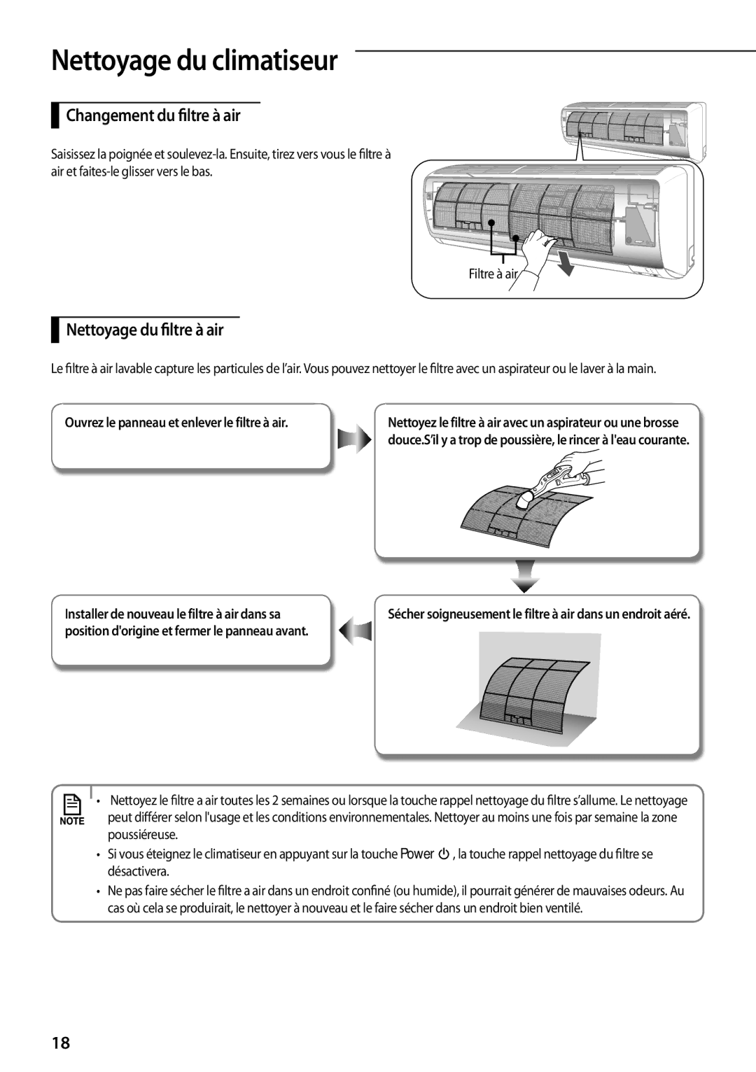 Samsung AQV24PMBN Changement du filtre à air, Nettoyage du filtre à air, Ouvrez le panneau et enlever le filtre à air 