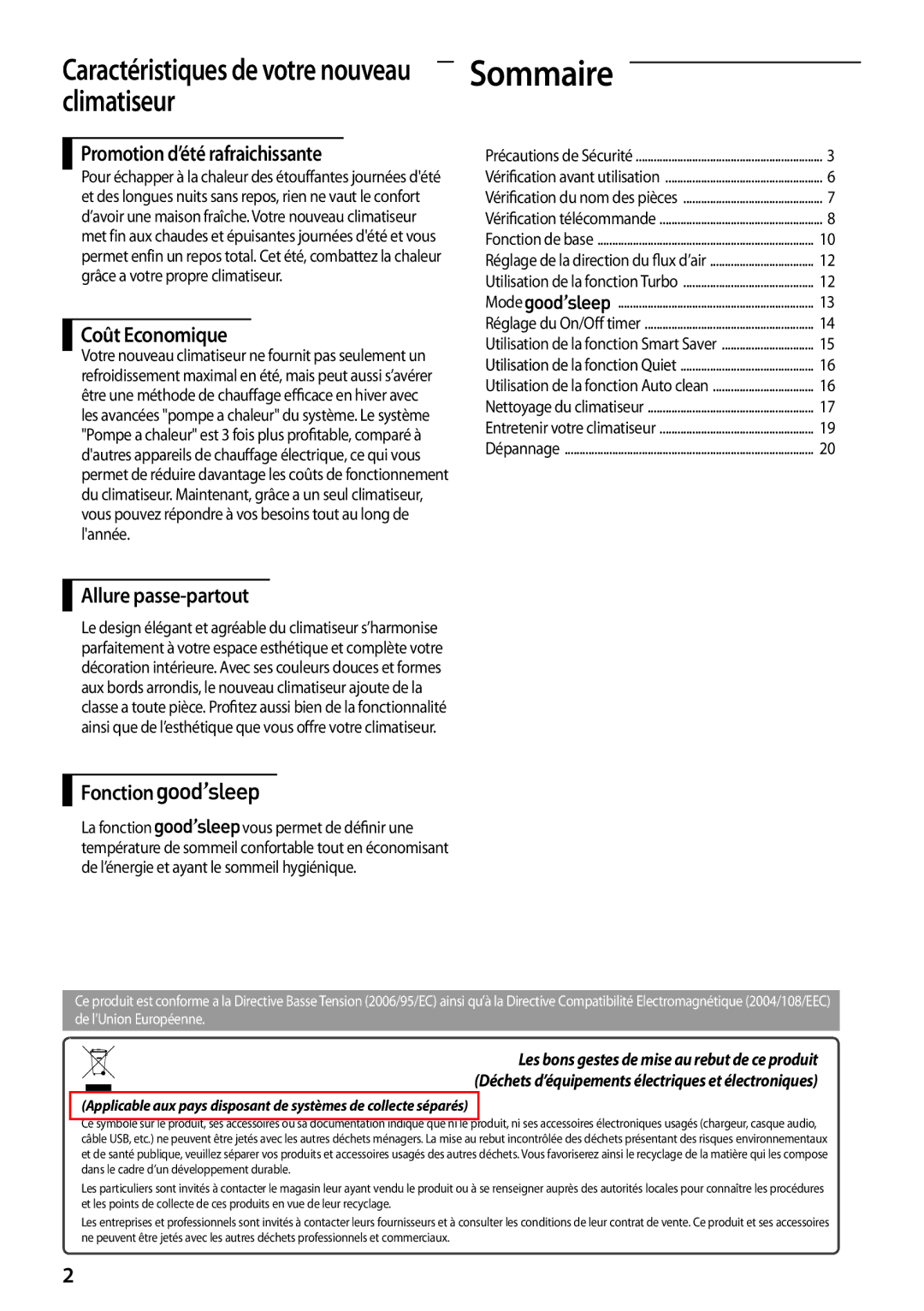 Samsung AQV24PMBX, AQV12PSBX Sommaire, Promotion d’été rafraichissante, Coût Economique, Allure passe-partout, Fonction 