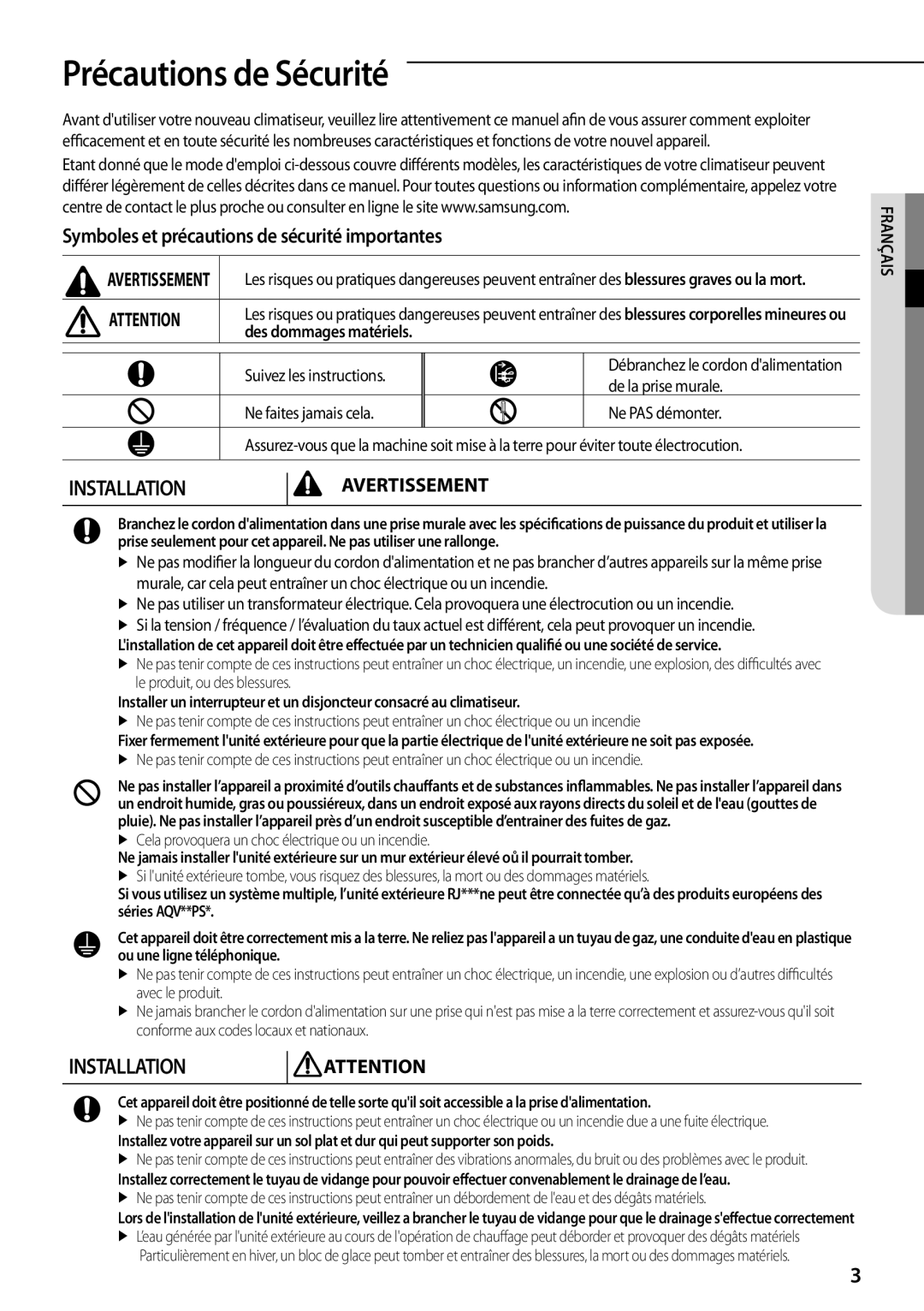 Samsung AQV18PMBN manual Précautions de Sécurité, Symboles et précautions de sécurité importantes, Des dommages matériels 