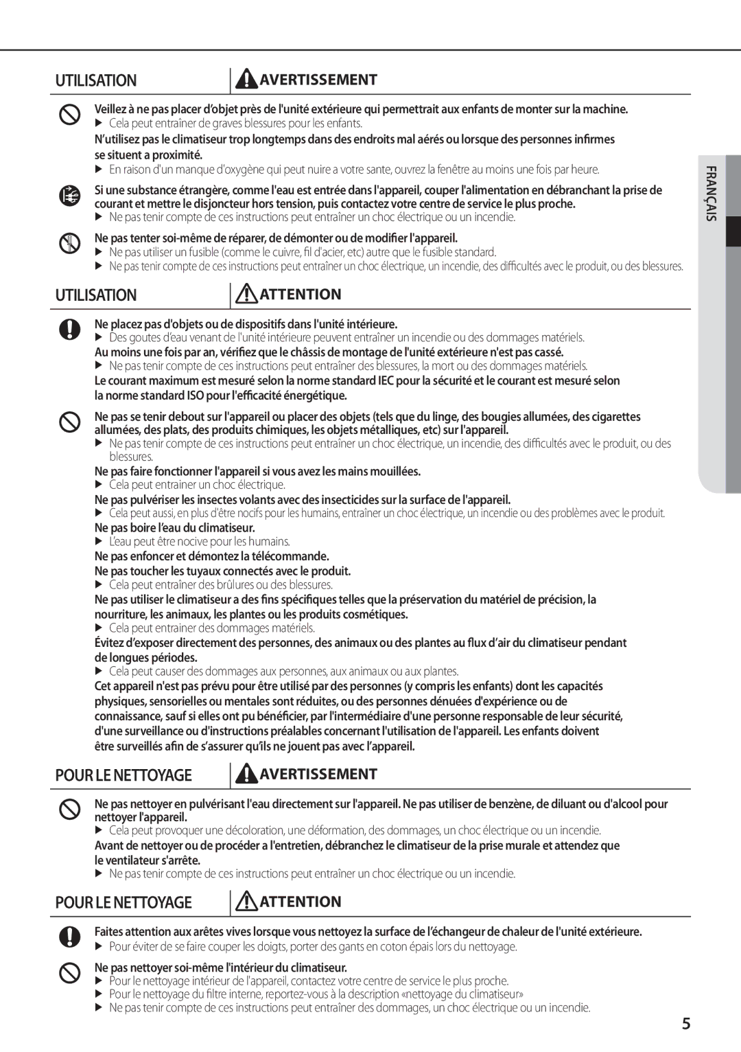 Samsung AQV09PSBX, AQV12PSBX, AQV18PMBX, AQV24PMBX, AQV18PMBN, AQV12PMEN, AQV24PMBN, AQV18PSBX Pour LE Nettoyage Avertissement 