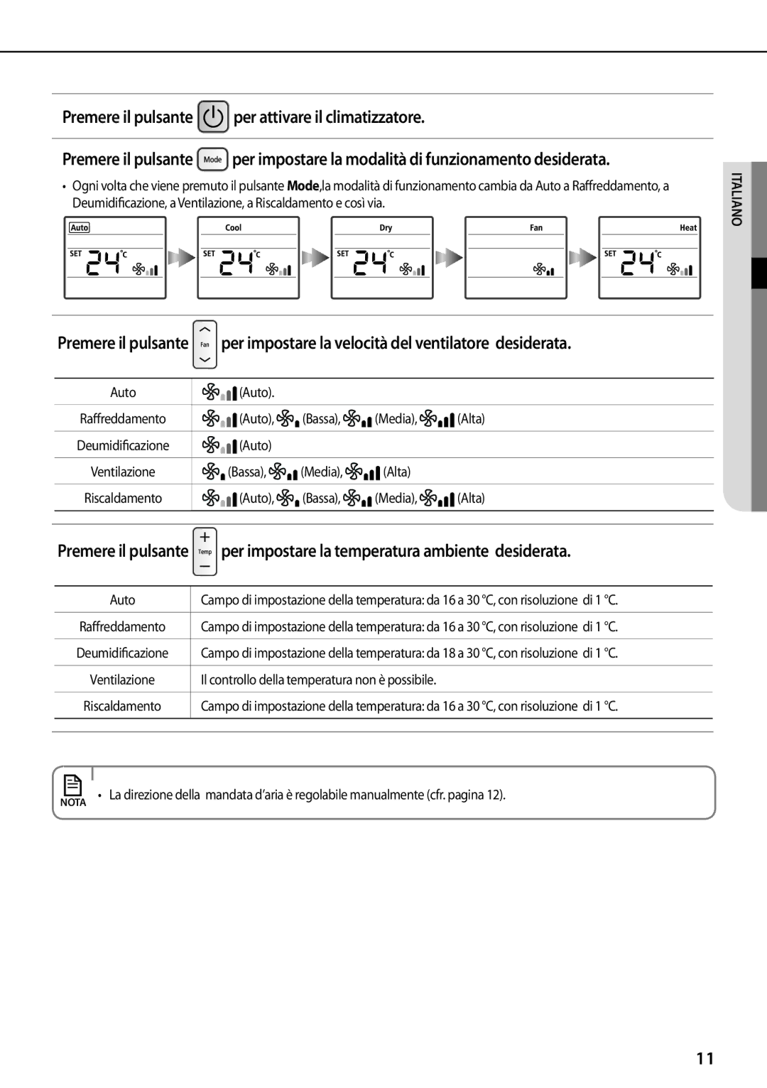 Samsung AQV24PSBX, AQV12PSBX, AQV18PMBX, AQV24PMBX Premere il pulsante per attivare il climatizzatore, Auto, Alta, Bassa 