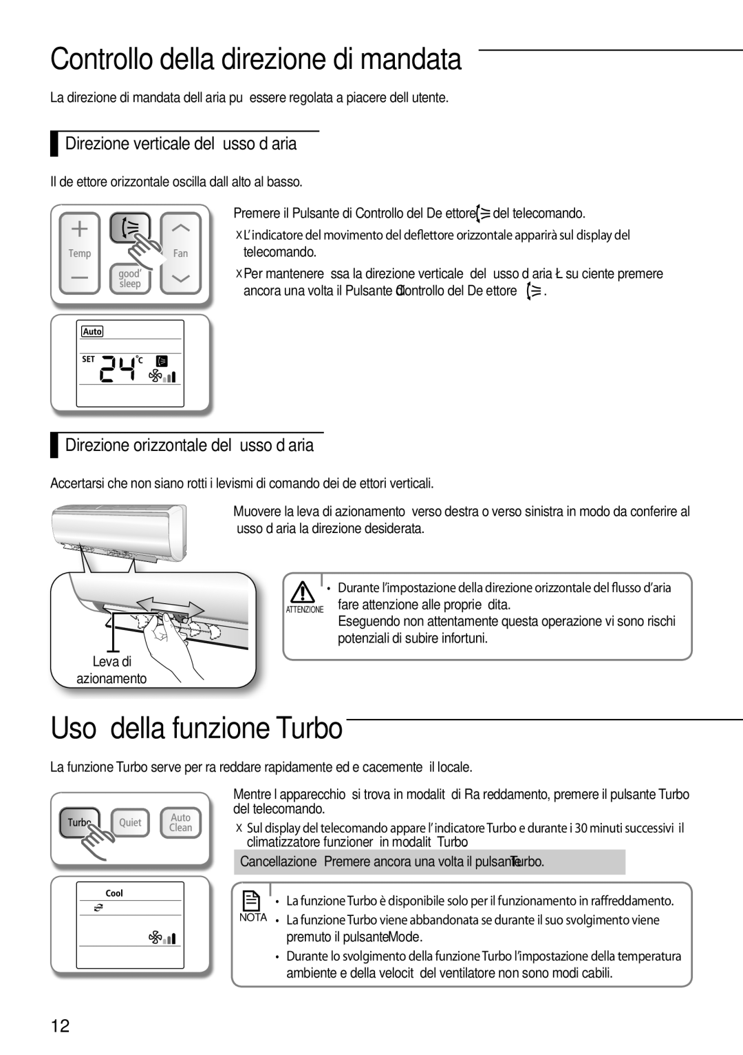 Samsung AQV07PMEN Controllo della direzione di mandata, Uso della funzione Turbo, Direzione verticale del flusso d’aria 