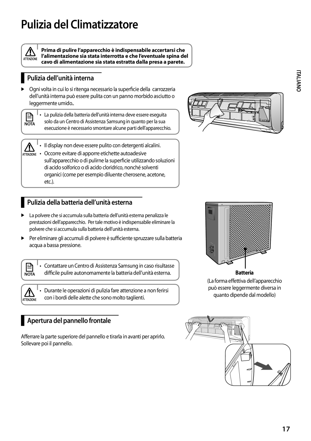 Samsung AQV18PMBN manual Pulizia del Climatizzatore, Pulizia dell’unità interna, Pulizia della batteria dell’unità esterna 