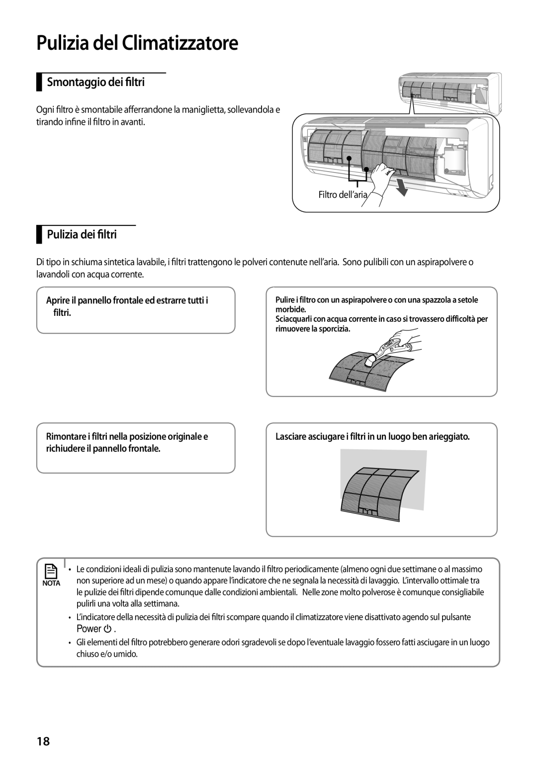 Samsung AQV12PMEN Smontaggio dei filtri, Pulizia dei filtri, Aprire il pannello frontale ed estrarre tutti i filtri, Power 