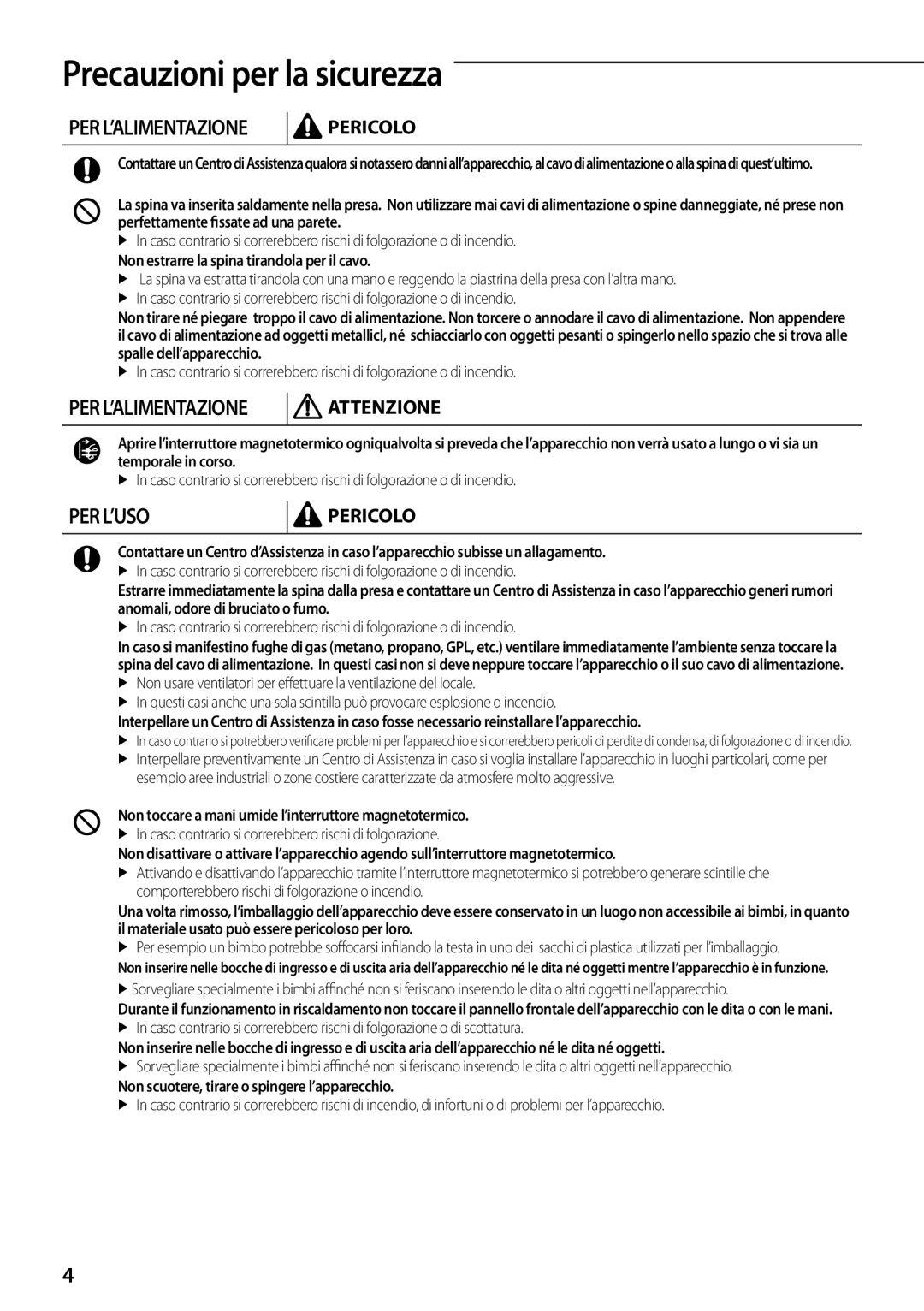 Samsung AQV12PMEN Non estrarre la spina tirandola per il cavo, Non toccare a mani umide l’interruttore magnetotermico 