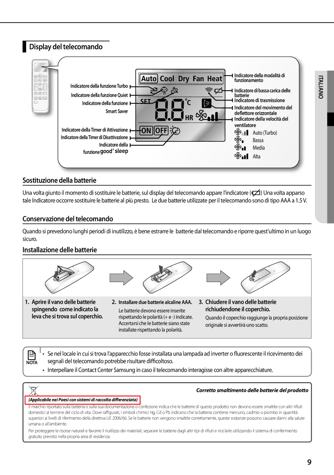 Samsung AQV09PMEX, AQV12PSBX, AQV18PMBX Display del telecomando, Sostituzione della batterie, Conservazione del telecomando 