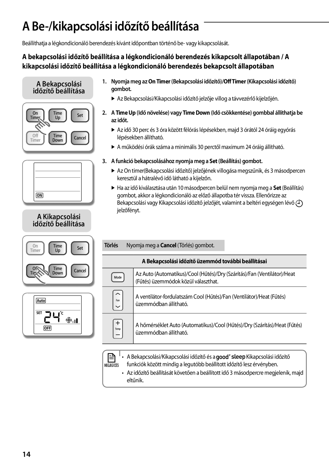 Samsung AQV18PMBX manual Be-/kikapcsolási időzítő beállítása, Funkció bekapcsolásához nyomja meg a Set Beállítás gombot 