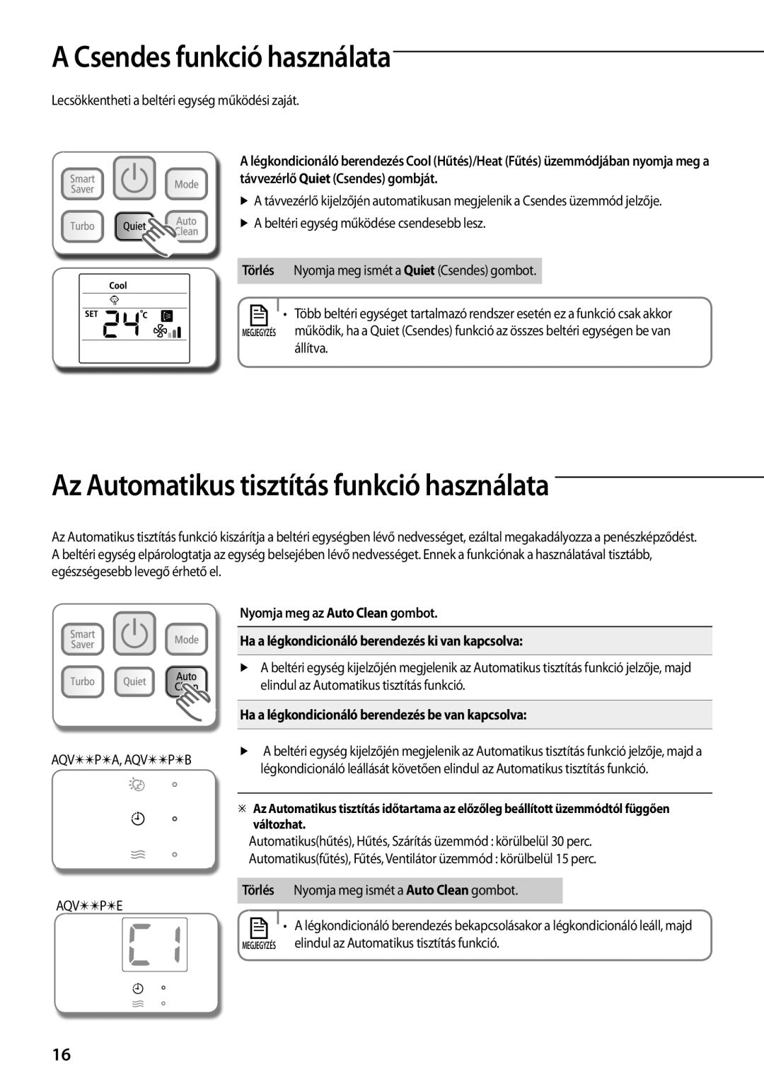 Samsung AQV18PMBN, AQV12PSBX, AQV18PMBX Csendes funkció használata, Az Automatikus tisztítás funkció használata, Állítva 