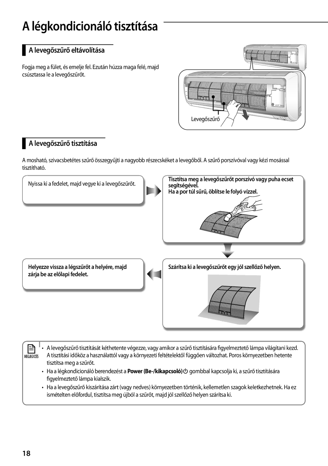 Samsung AQV09PSBX Levegőszűrő eltávolítása, Levegőszűrő tisztítása, Szárítsa ki a levegőszűrőt egy jól szellőző helyen 