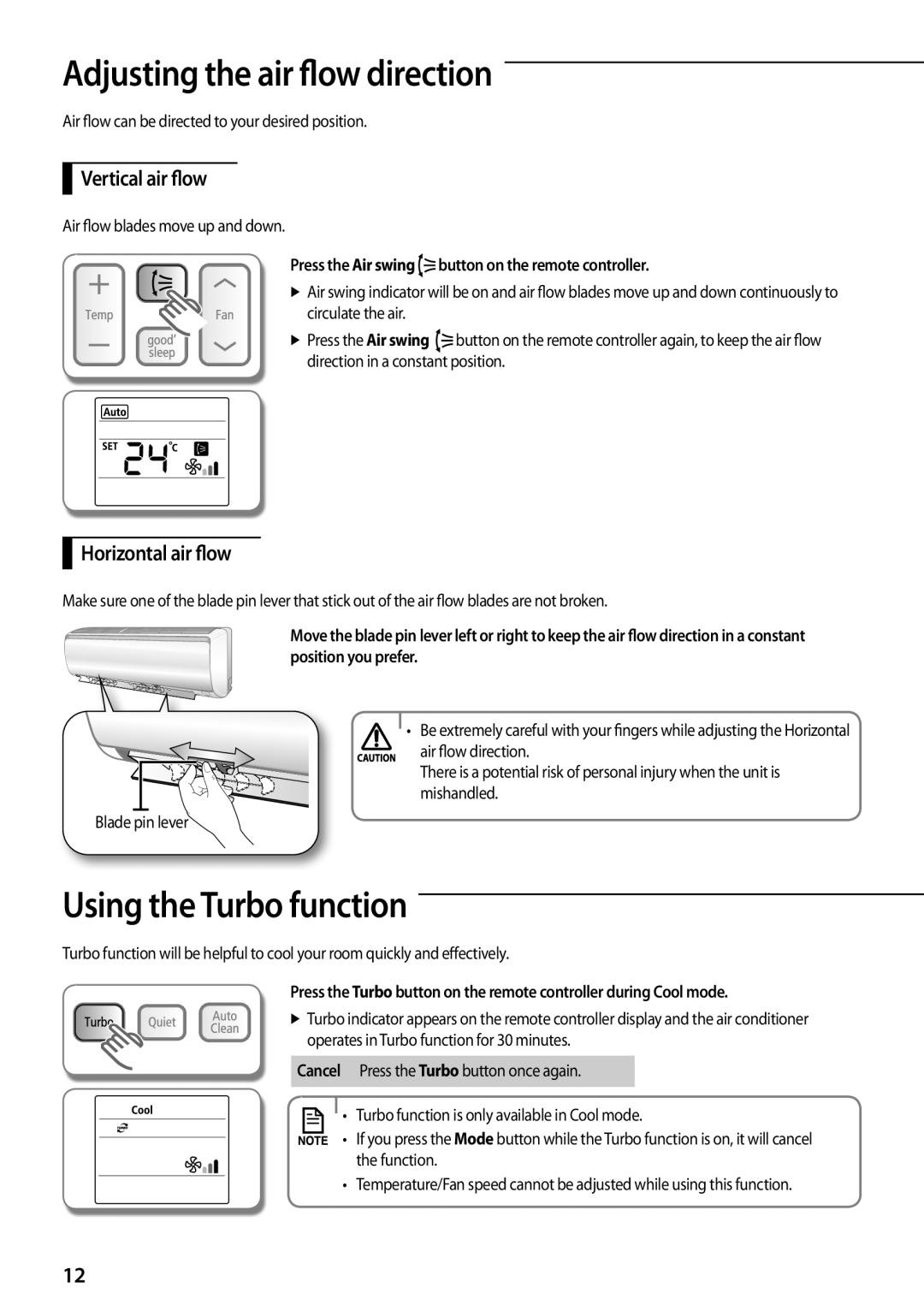 Samsung AQV12PWCXEUR Adjusting the air flow direction, Using the Turbo function, Vertical air flow, Horizontal air flow 