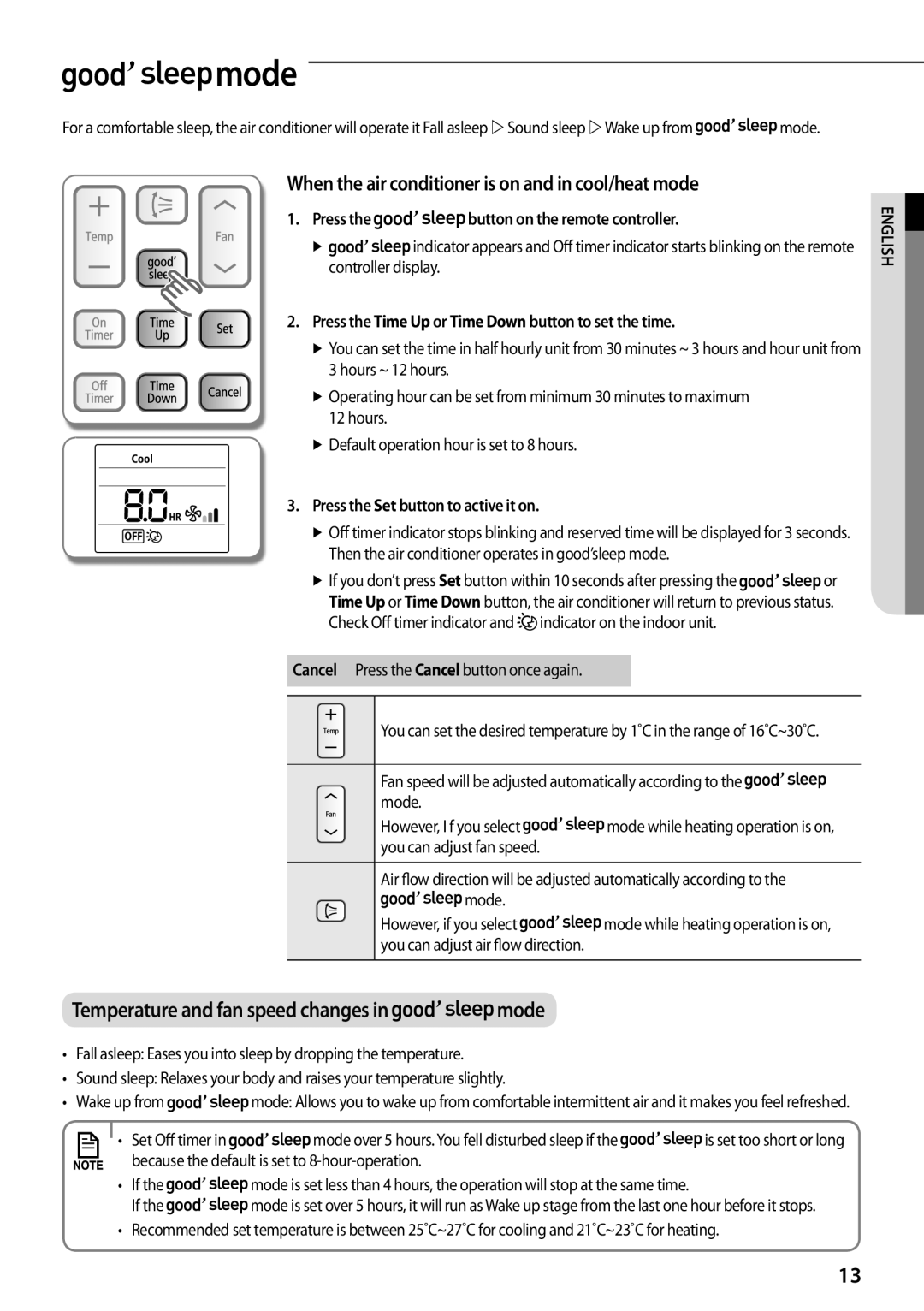 Samsung AQV12PWCNEUR Mode, When the air conditioner is on and in cool/heat mode, Press the button on the remote controller 