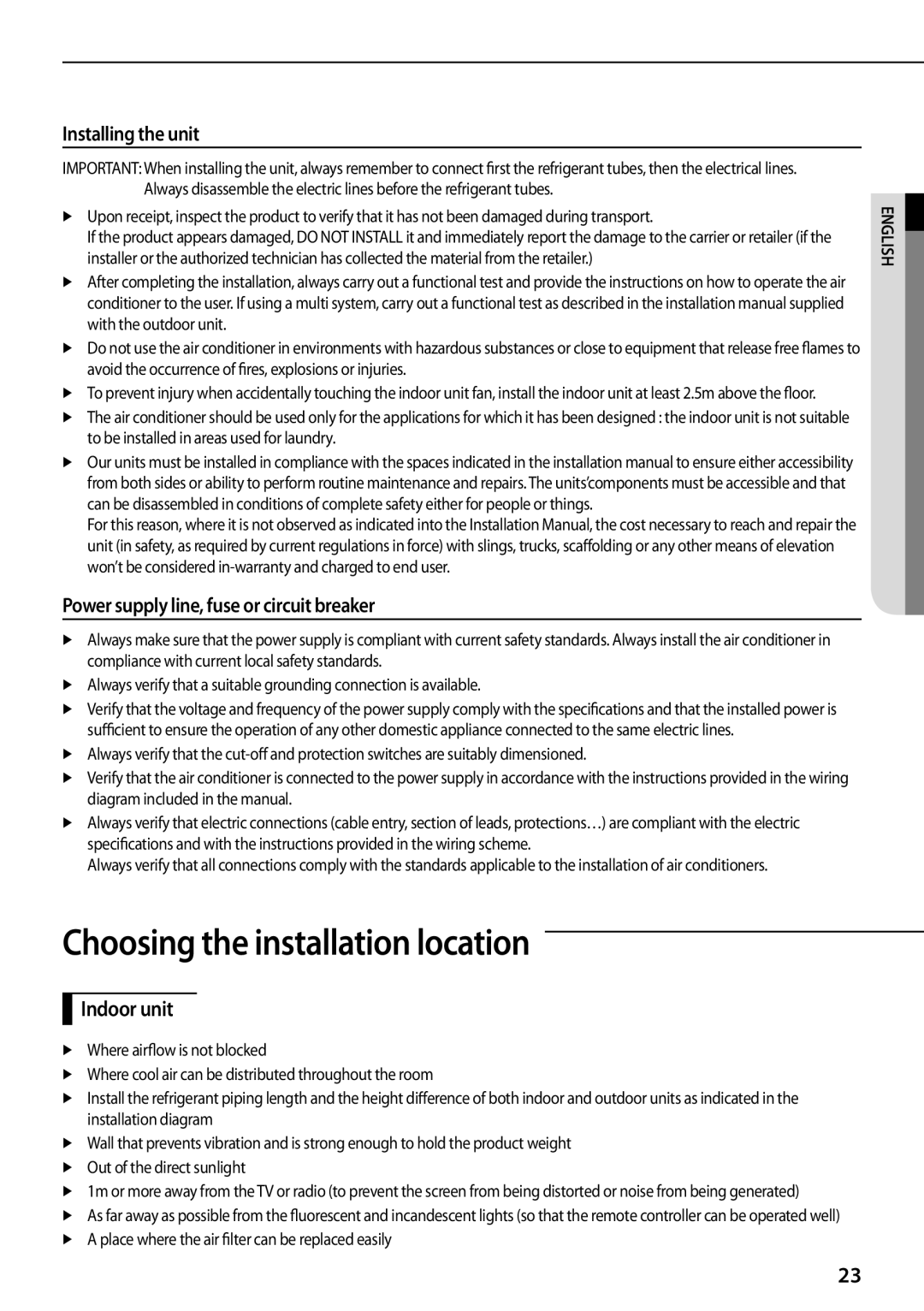 Samsung AQV12PSCNEUR Choosing the installation location, Installing the unit, Power supply line, fuse or circuit breaker 