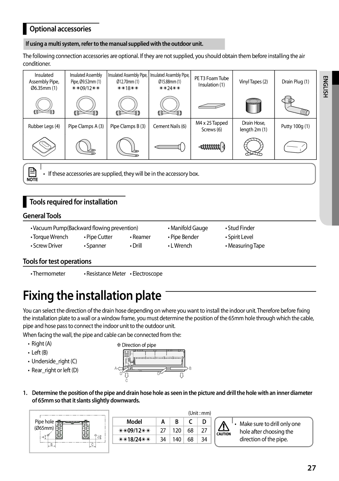 Samsung AQV12PWAX manual Fixing the installation plate, Optional accessories, Tools required for installation General Tools 