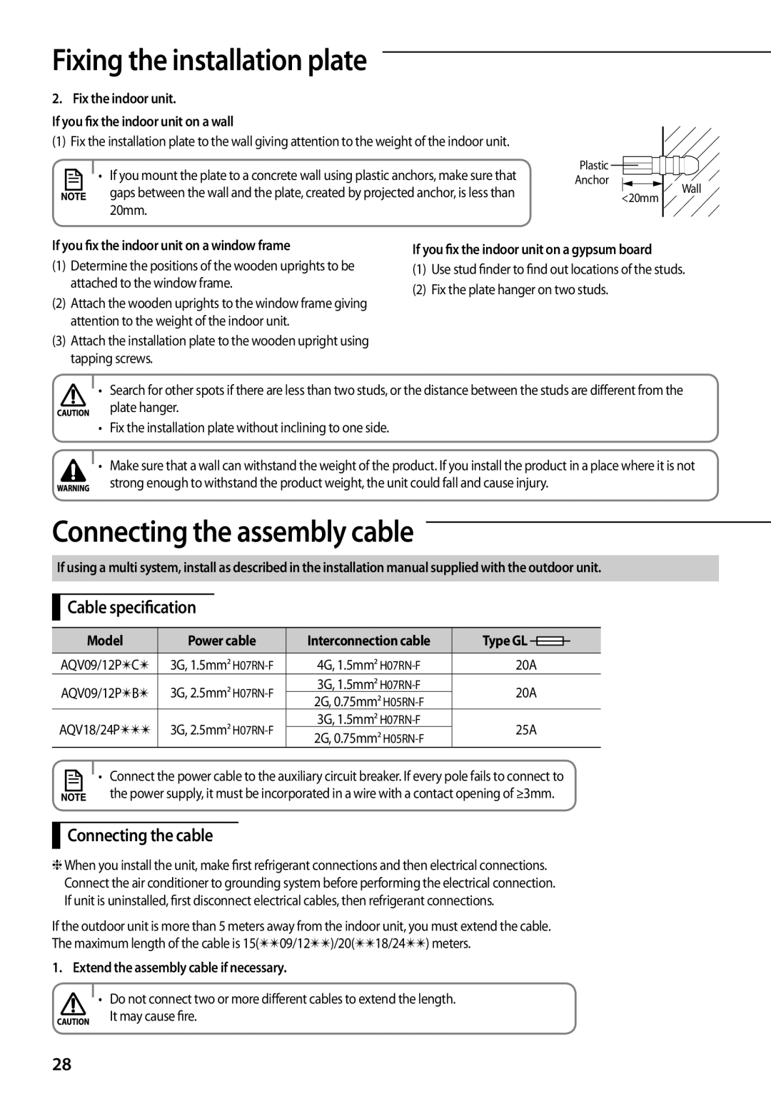 Samsung AQV09PWCXEUR, AQV12PWAX, AQV09PWCNEUR manual Connecting the assembly cable, Cable specification, Connecting the cable 