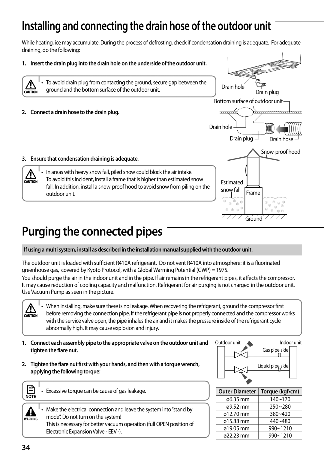 Samsung AQV09PSCNEUR, AQV12PWAX, AQV09PWCXEUR manual Purging the connected pipes, Connect a drain hose to the drain plug 