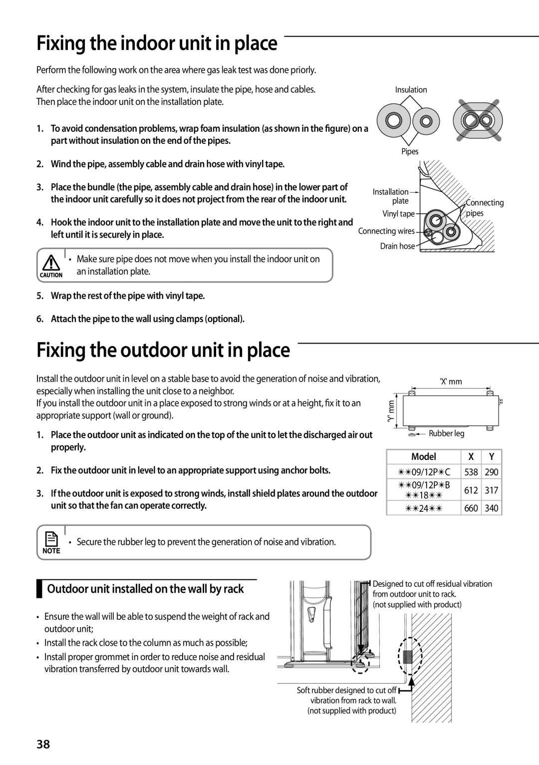 Samsung AQV09PWCNEUR, AQV12PWAX, AQV09PWCXEUR manual Fixing the indoor unit in place, Fixing the outdoor unit in place 