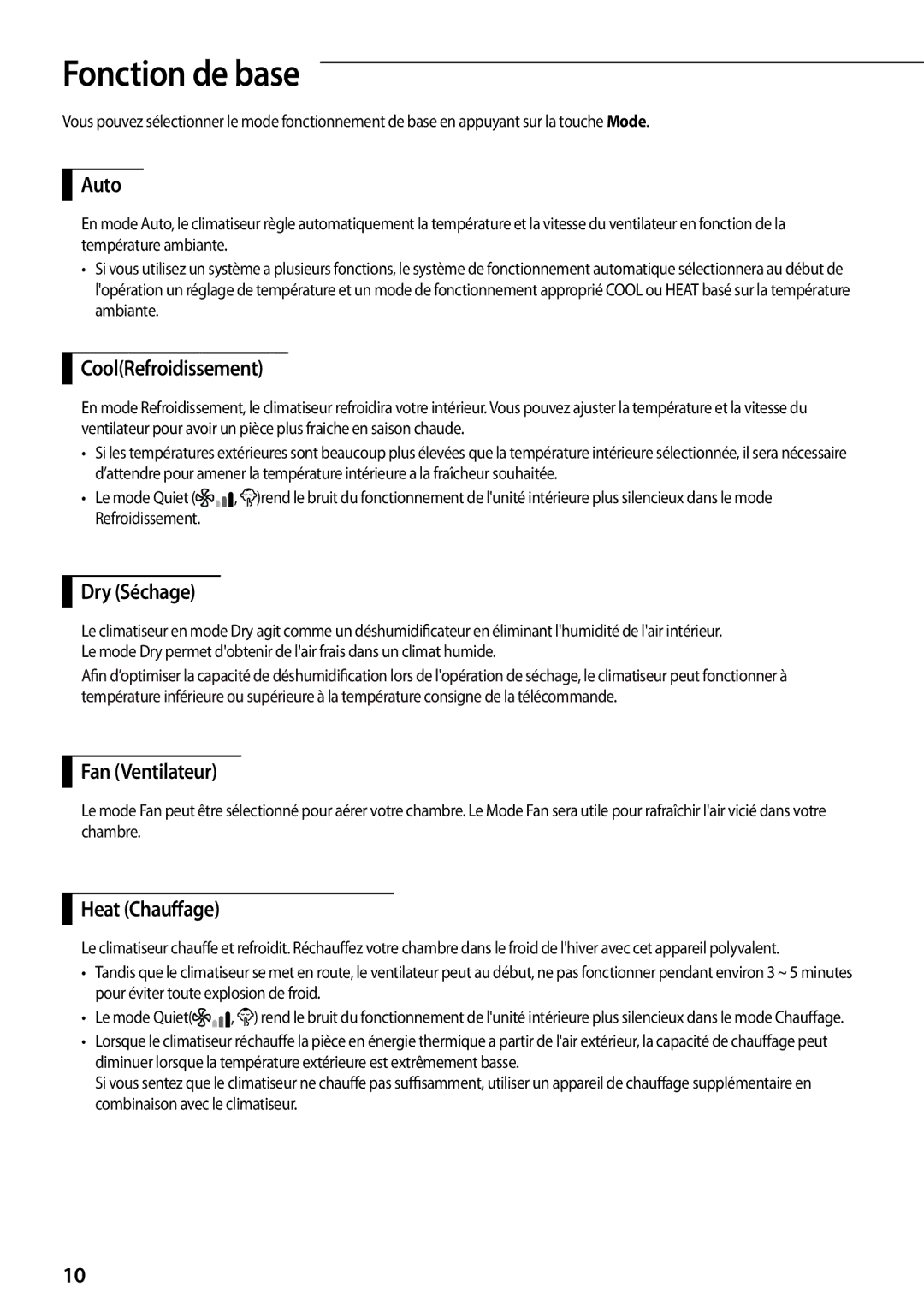 Samsung AQV12PWAX, AQV09PWCXEUR, AQV09PWCNEUR, AQV12PWCXEUR, AQV12PWCNEUR manual Fonction de base 