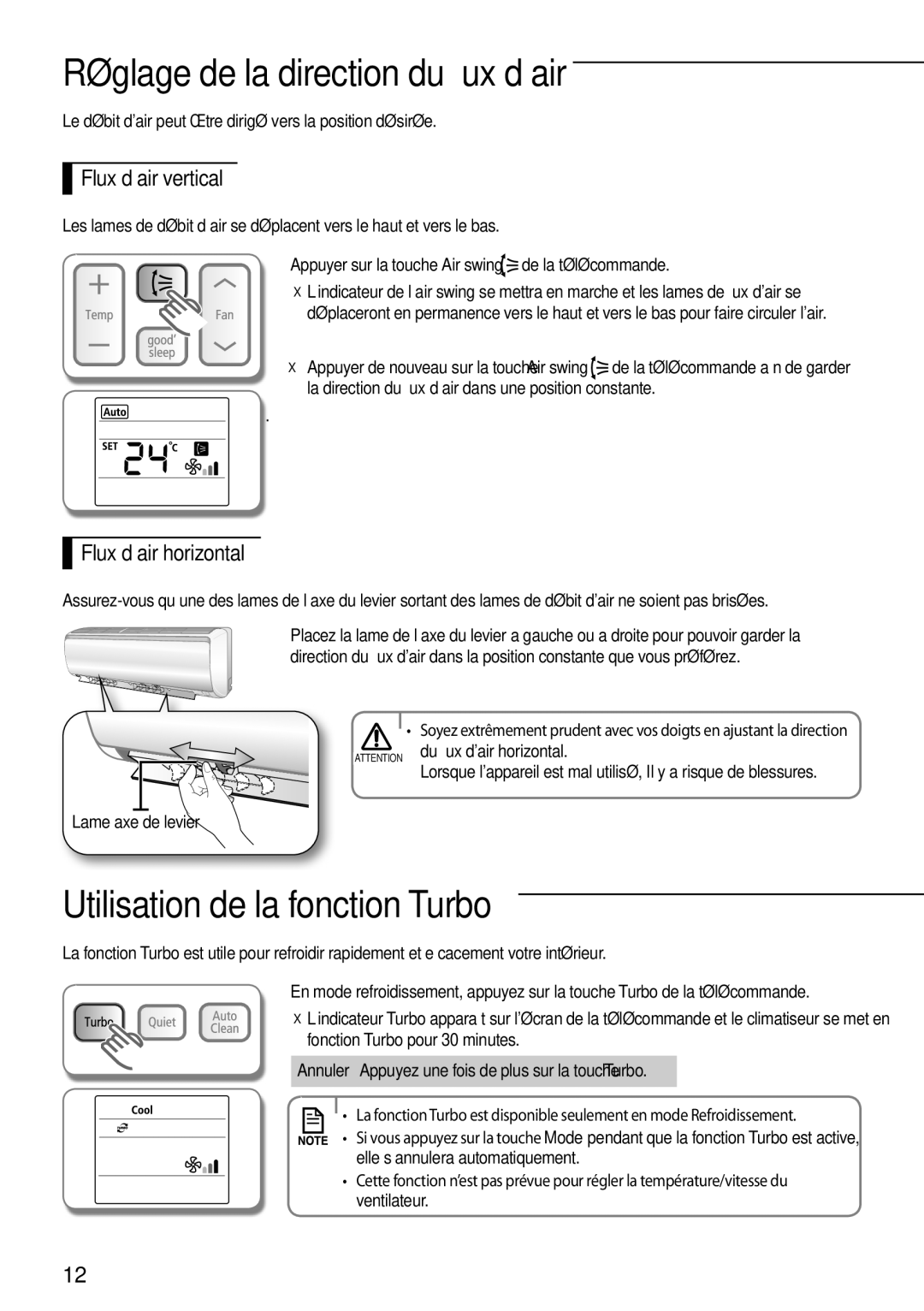 Samsung AQV09PWCNEUR manual Réglage de la direction du flux d’air, Utilisation de la fonction Turbo, Flux d’air vertical 