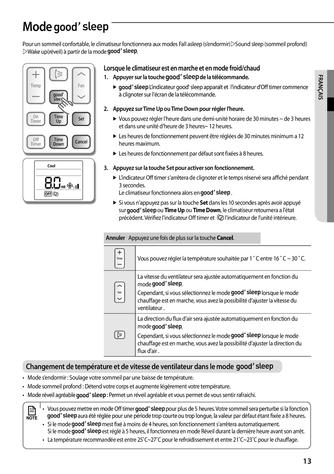 Samsung AQV12PWCXEUR Mode, Appuyer sur la touche de la télécommande, Appuyez sur Time Up ou Time Down pour régler lheure 