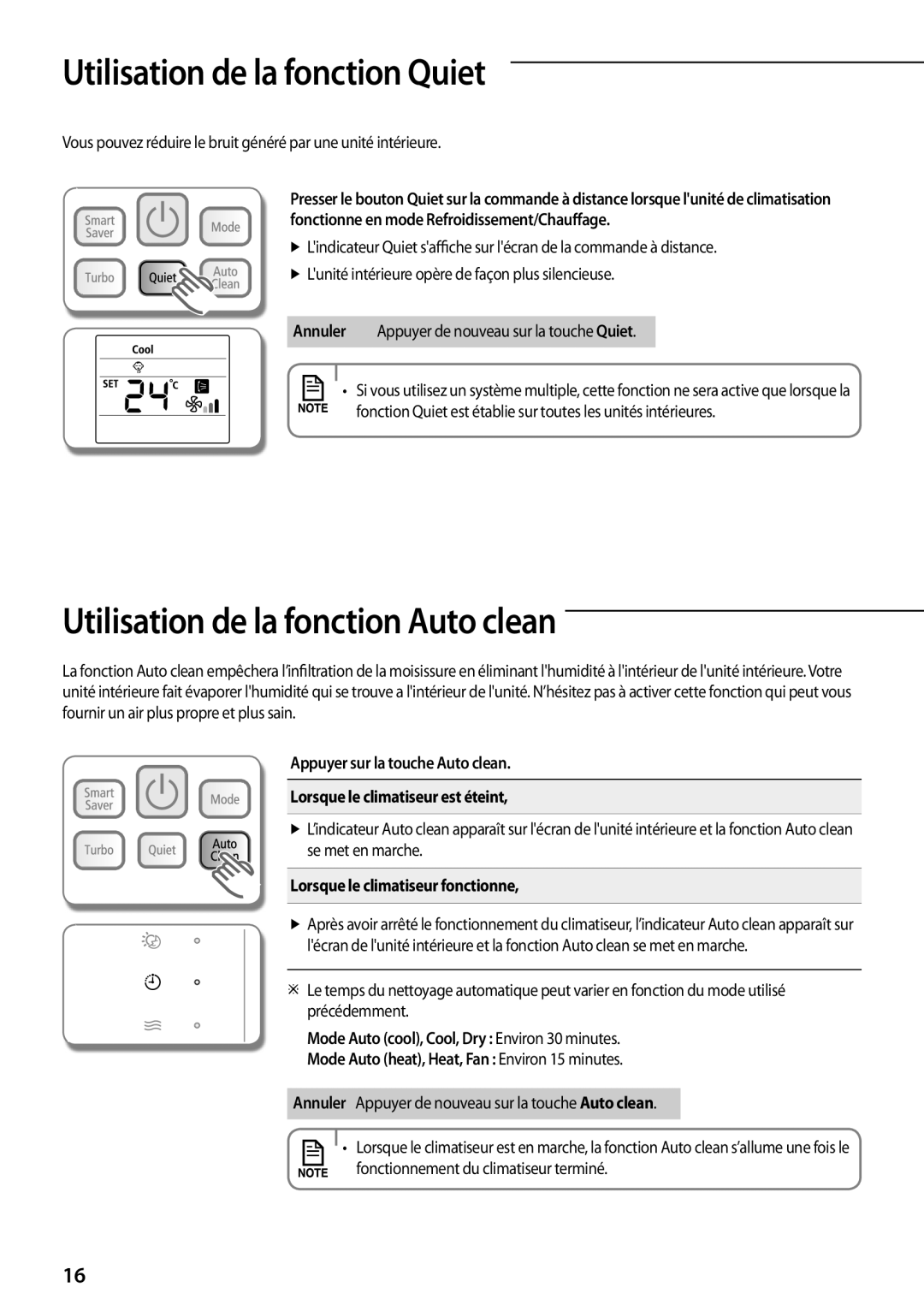 Samsung AQV09PWCXEUR, AQV12PWAX, AQV09PWCNEUR manual Utilisation de la fonction Quiet, Utilisation de la fonction Auto clean 